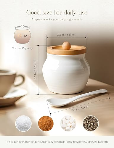 Miniatura 3 de AISBUGUR Azucarero con tapa y cuchara tarro de azúcar de 13 oz con tapa de bambú, recipiente de azúcar de cerámica para barra de café - encimera,