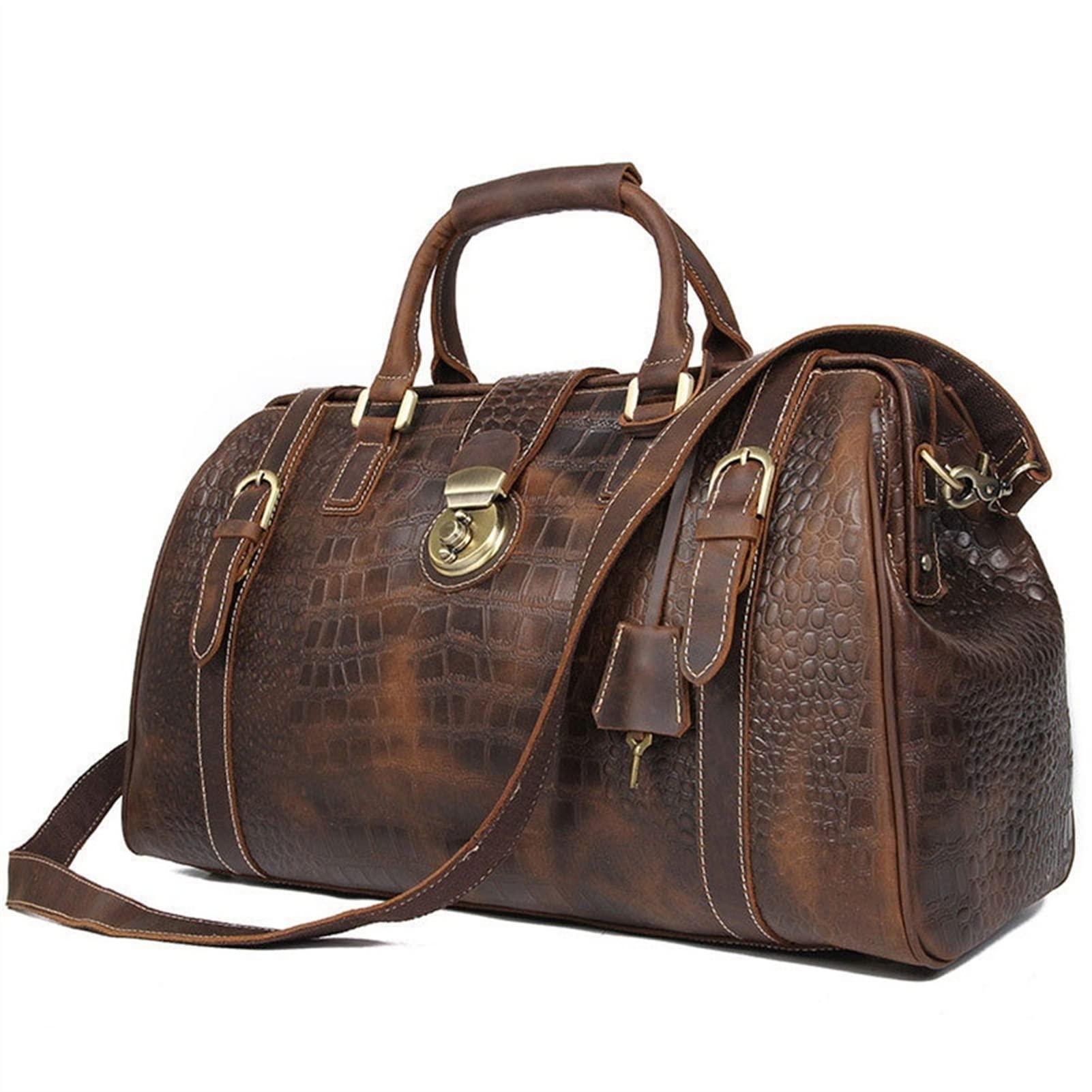 Hombre Bolso de Viaje de Equipaje Fin de Semana, Cuero Viaje Duffel Patrón de cocodrilo Unisex Casual Equipaje Bolso Gimnasio Deportes Pernocte Fin de semana Retro Lleve en la bolsa Marrón Bolsa para