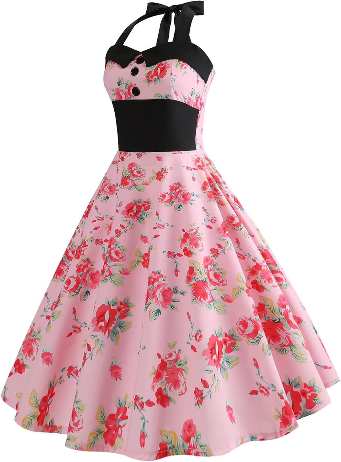 Women 50s 60s Vintage Floral Print Halter Neck Cocktail Swing Dress Buttons Backless Retro 1950s Rockabilly Audrey Hepburn Tea Party Prom Dress Spring Knee Length Wedding Evening Gown Pink Flower XL - Image 3