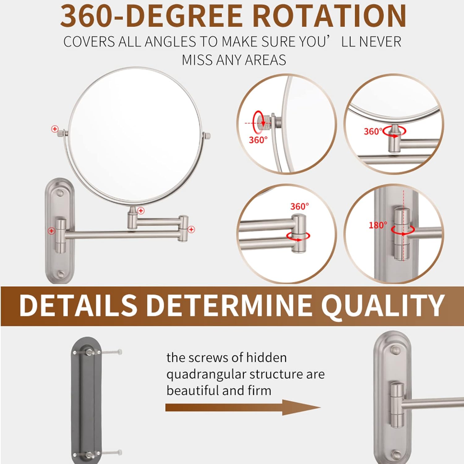 6" Wall Mounted Makeup Mirror with Magnification, Double Sided Magnifying Mirror, 360 Swivel Adjustable Vanity Mirror for Bathroom,Brushed Nickel,5X