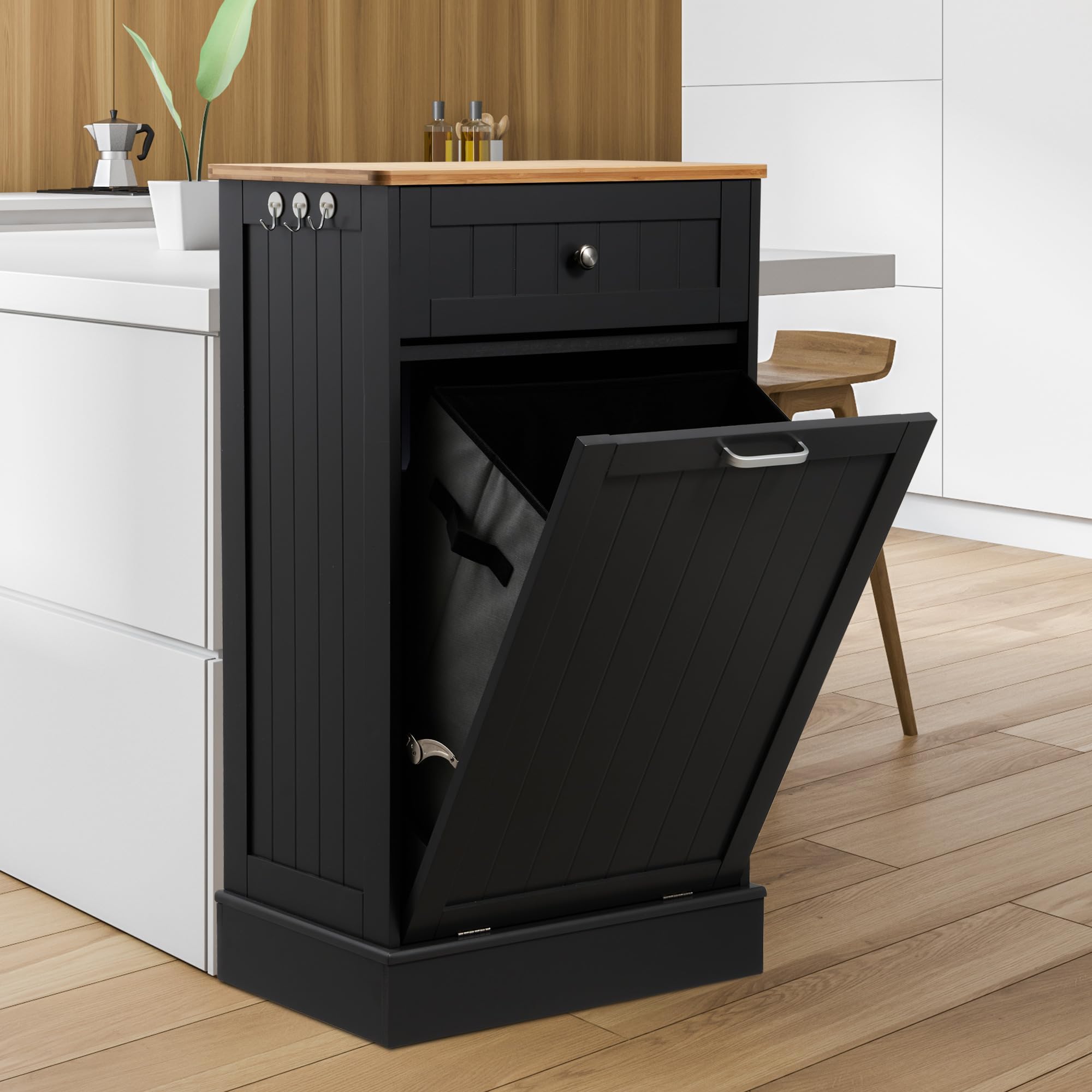 Dragosum Kitchen Trash Can Cabinet, 10 Gallon Tilt Out Waste Bins, Free Standing Laundry Hamper with Hideaway Drawer Wooden Bamboo Cutting Board Storage Bag, Pet Proof for Living Room (Black)