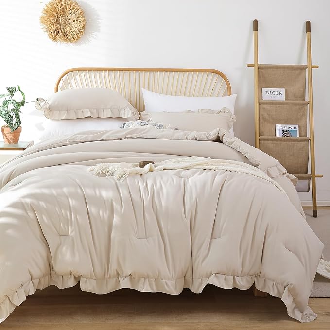 JANZAA King Size Comforter Set Beige Ruffle Comforter 3PCS Soft Fluffy Boho Comforter Vintage Farmhouse Bed Set Shabby Chic Bedding with 2 Pillowcases for All Season
