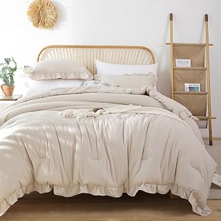 JANZAA Comforter Set Full Size Beige Ruffle