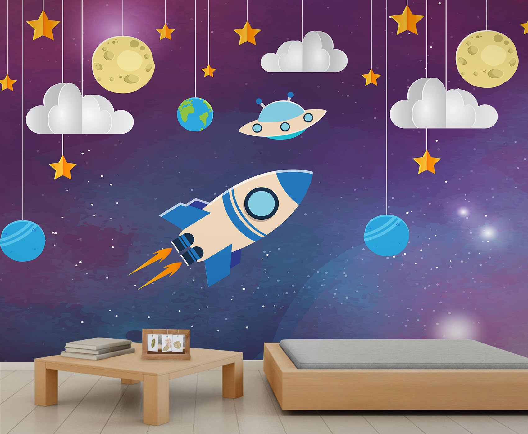Papier peint lune et fusée pour illuminer les rêves d'enfant