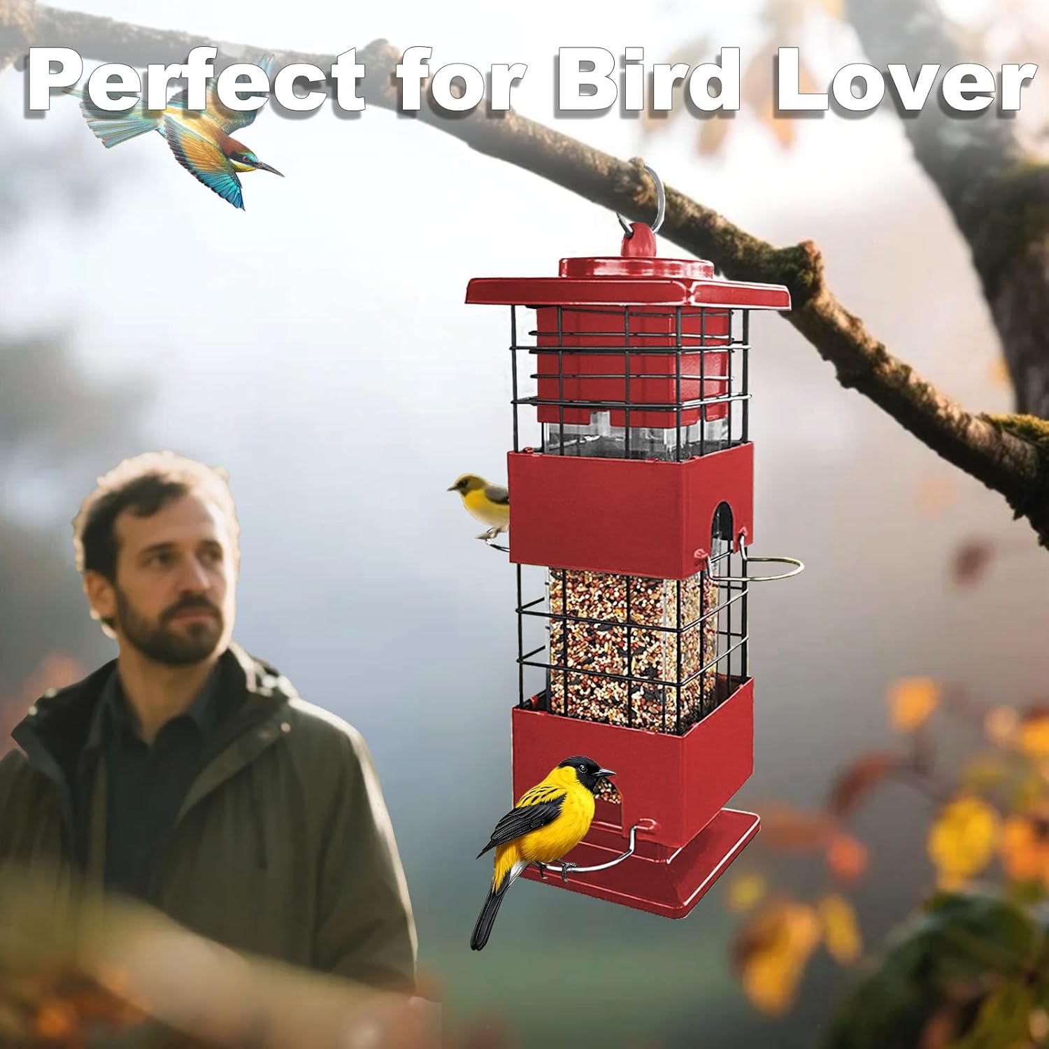 Squirrel Proof Bird Feeder for Outdoors Hanging, 3Lbs Metal Weight-Activated Birdfeeder with 4 Feeding Ports, Wild Birds Seed Feeder for Cardinal, Finch, Sparrow (Red)