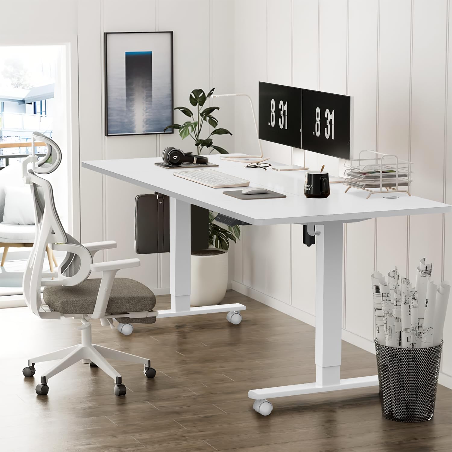 Cable management tray installed under the desk, showing organized power strips and cables