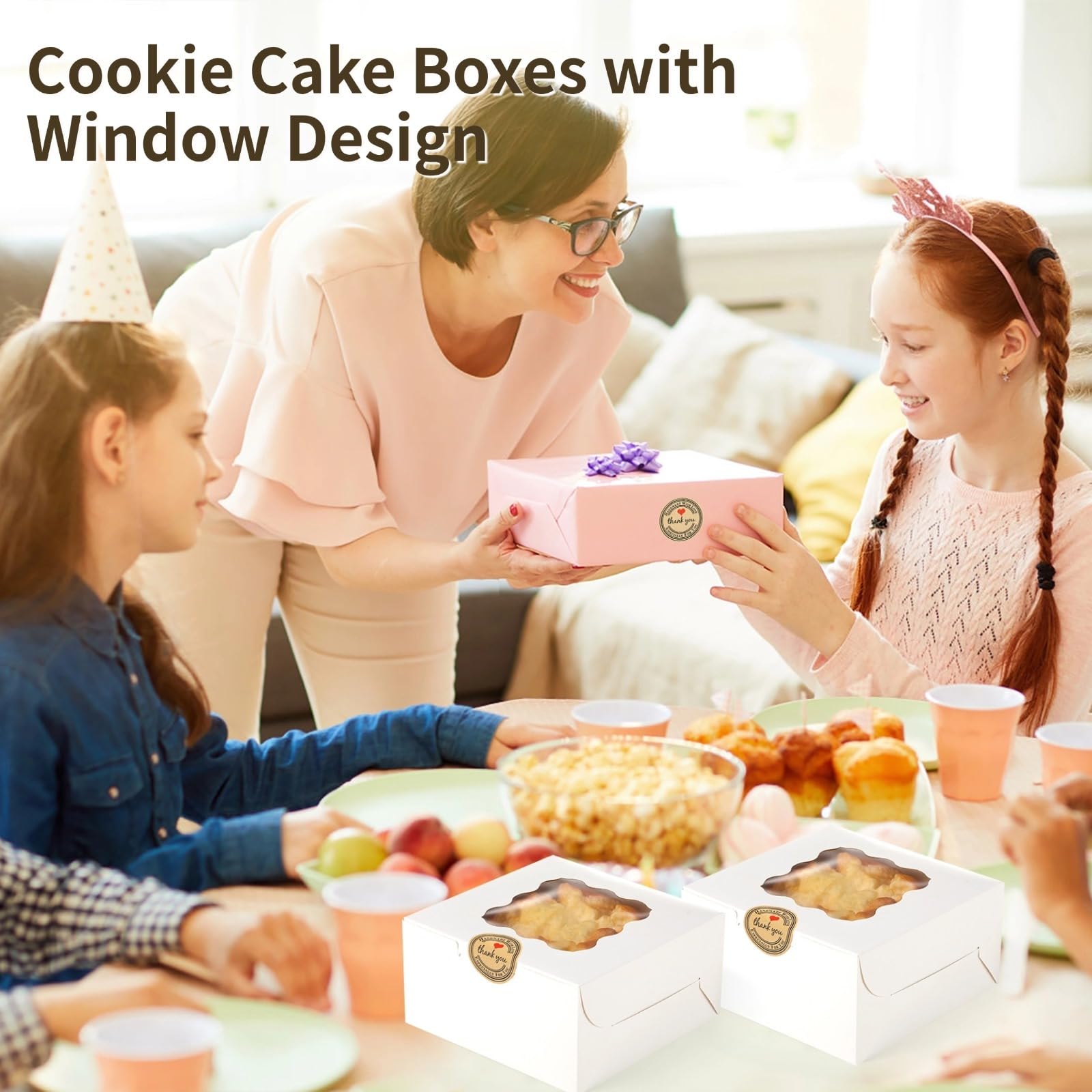 50 Stk. Gebäckschachteln mit Sichtfenster, 15,2 x 15,2 x 7,6 cm Tortenschachteln, weiße Papierboxen für Mini-Kuchen, Plätzchen und Käsekuchen, inklusive Dankeschön-Aufkleber für sicheren Verschluss
