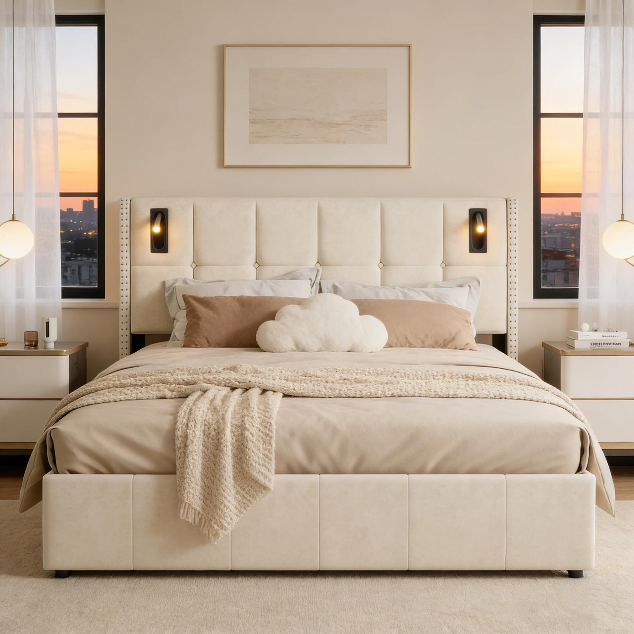 BRILVERDE Cama Tapizada 160x200 con Almacenamiento hidráulico, Cama matrimonial con lámpara de mesita, Cabecero Acolchado y Base de Láminas, Terciopelo (Beige, 160 x 200 cm)
