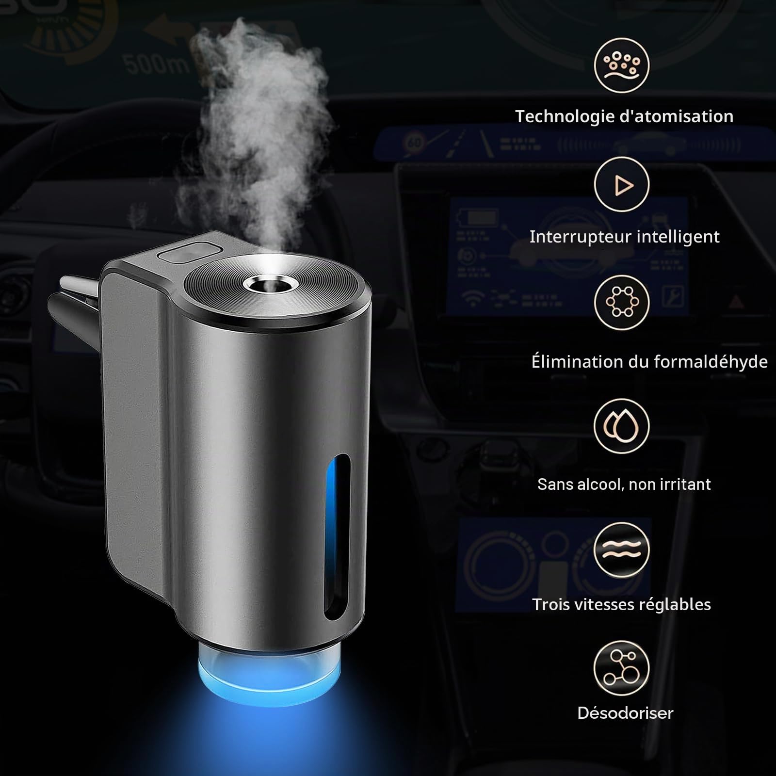 Électrique Diffuseur Voiture 3 Modes, Diffuseur Parfum Voiture avec 3 Parfums (Colognee/Chanell/Hiltonn), Atomiseur Ultrasonique On/Off Automatique, USB Désodorisant Voiture pour Voiture(Gris)