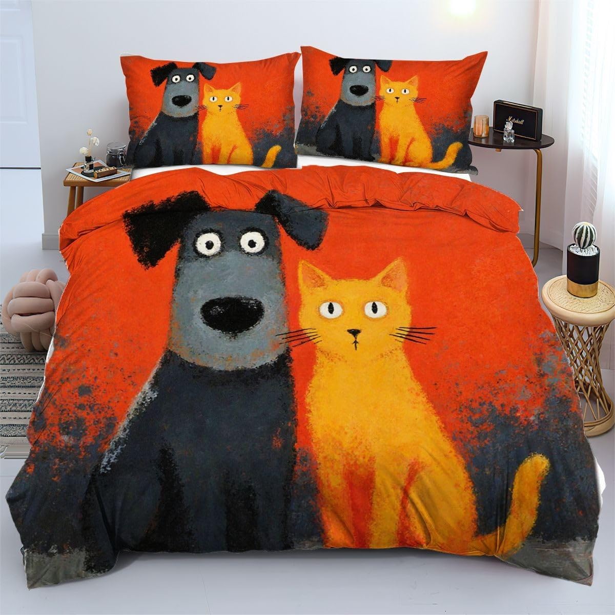 Linge de lit 220x240 cm chat orange, parure sobre et raffinée de qualité supérieure