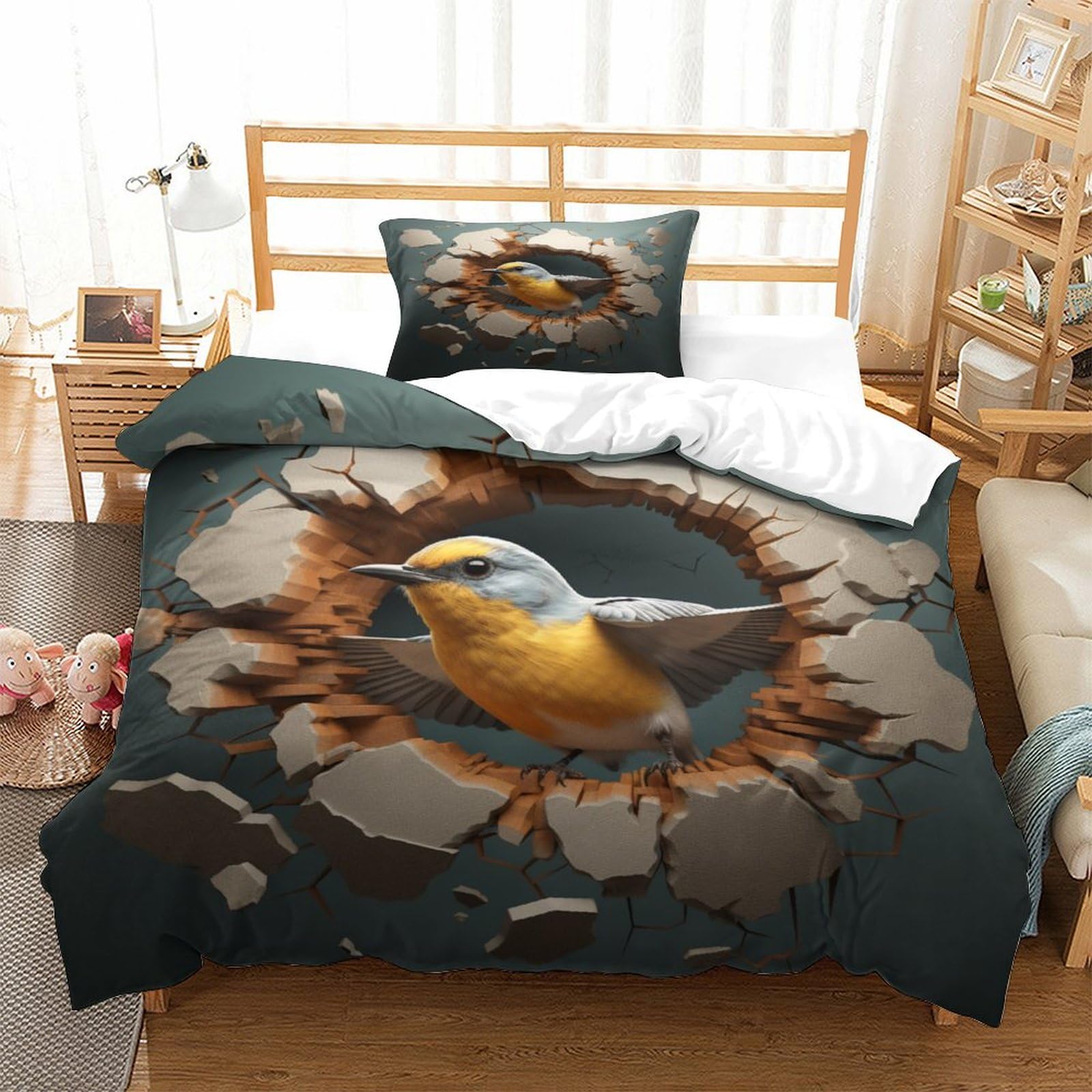 P1S9U7W5Y 3D Printed Crack Effect Bird Pattern 3 Piece Microfiber Duvet Cover Set Bedroom Decor Bird Nest Bedding Set for Adults Teens Single（135x200cm）