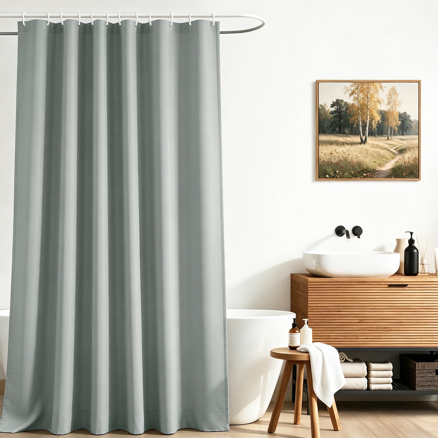 Lerores Shower Curtain, 80 x 200 cm, Grey, Weighted Hem, Anti-Mould Textile, Water-Repellent, Washable Polyester Fabric Bath Curtains for Bathroom, Bathtub with 12 Shower Curtain Rings