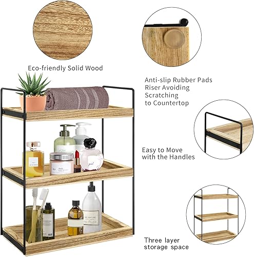 Miniatura 5 de Organizador de encimera de baño de 3 niveles, organizador de baño de madera, estante de almacenamiento de encimera, bandejas de baño para mostrador,