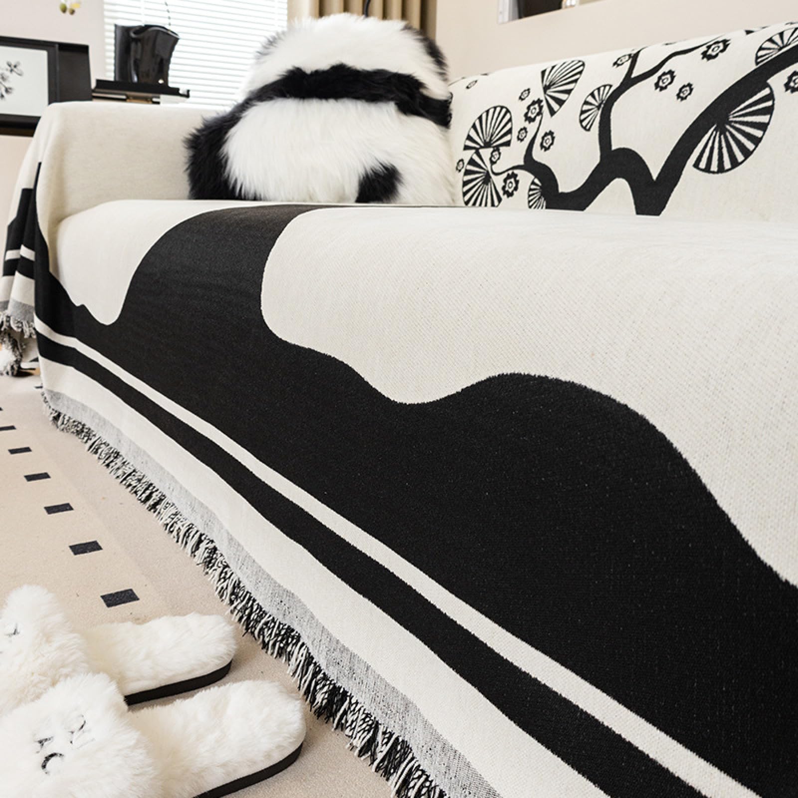 WOBblo Extra Large Throw Blanket, Black And White Geometric Line Patterns Sofa Towel Chenille Reversible Woven Throws For Sofa Bed Chair Couch Table,A-05,180 * 340cm
