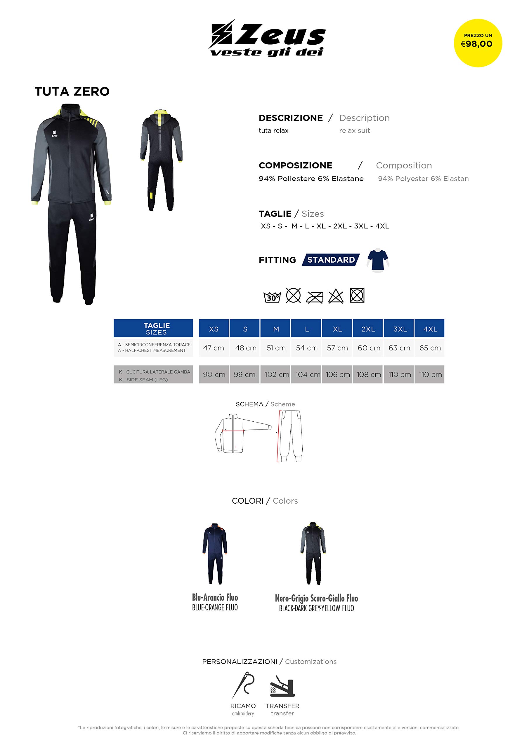 Tuta Zero Zeus Relax Con Cappuccio Removibile Tracksuit Training Allenamento Sport Calcio Palestra Fitness