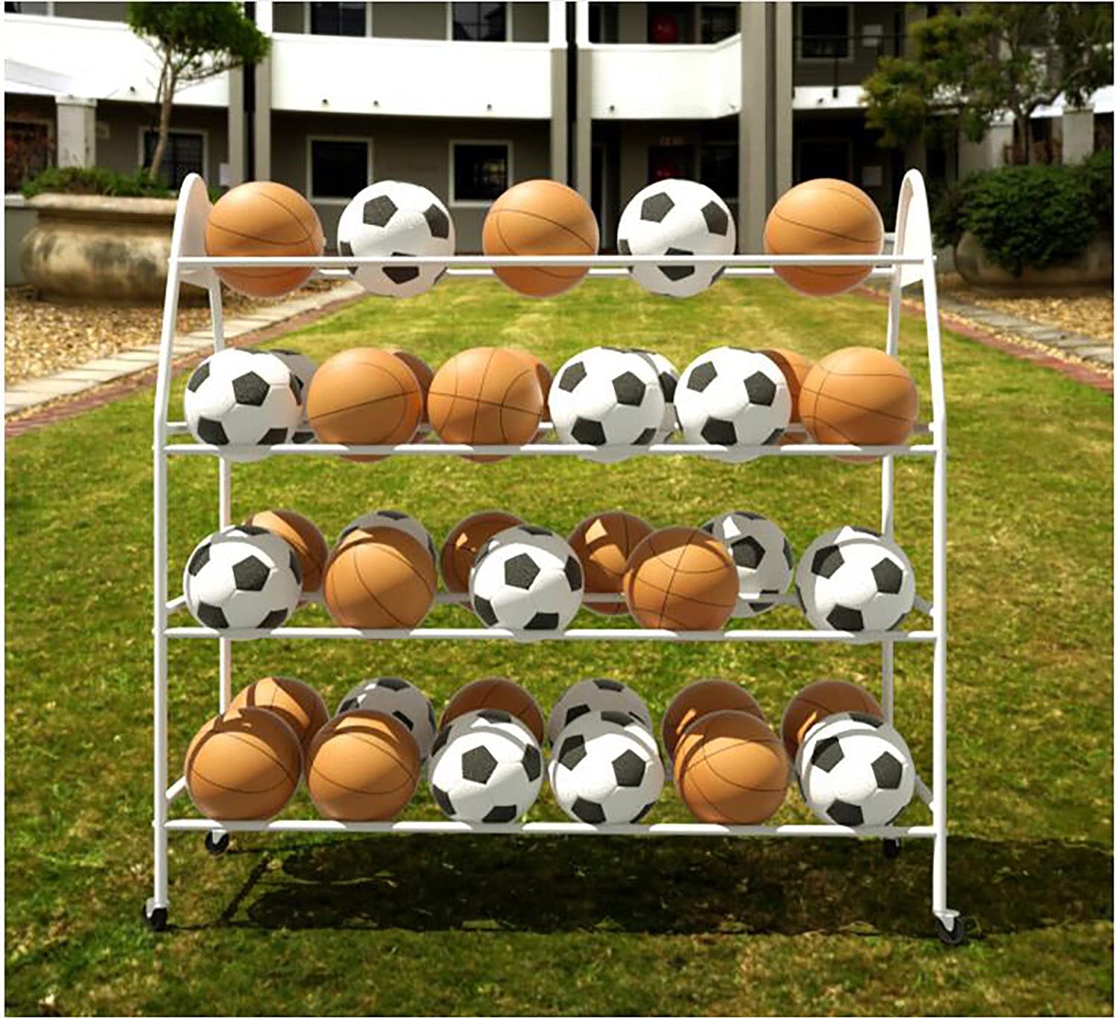 Estante de almacenamiento de 4 niveles para equipos deportivos, nizer duradero para fútbol, baloncesto, voleibol, equipo de gimnasio y suministros escolares, diseño móvil para un fácil acceso
