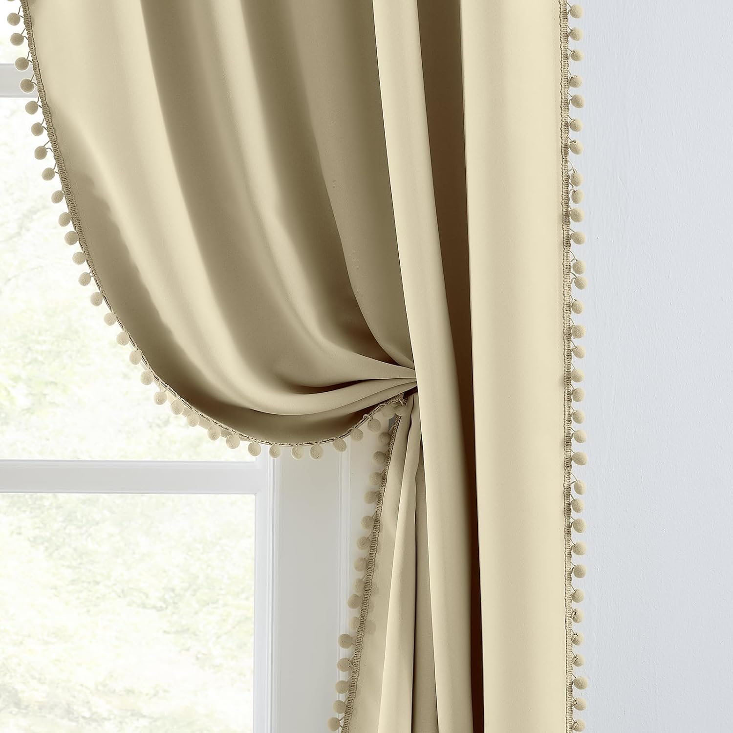 Melodieux Beige Pom Pom Blackout Curtains 84 Inches Long for Bedroom, Living Room Darkening Boho Curtains 2 Panels, Elegant Cotton Textured Rod Pocket Drapes for Kids Girls Nursery, 52" W x 84" L
