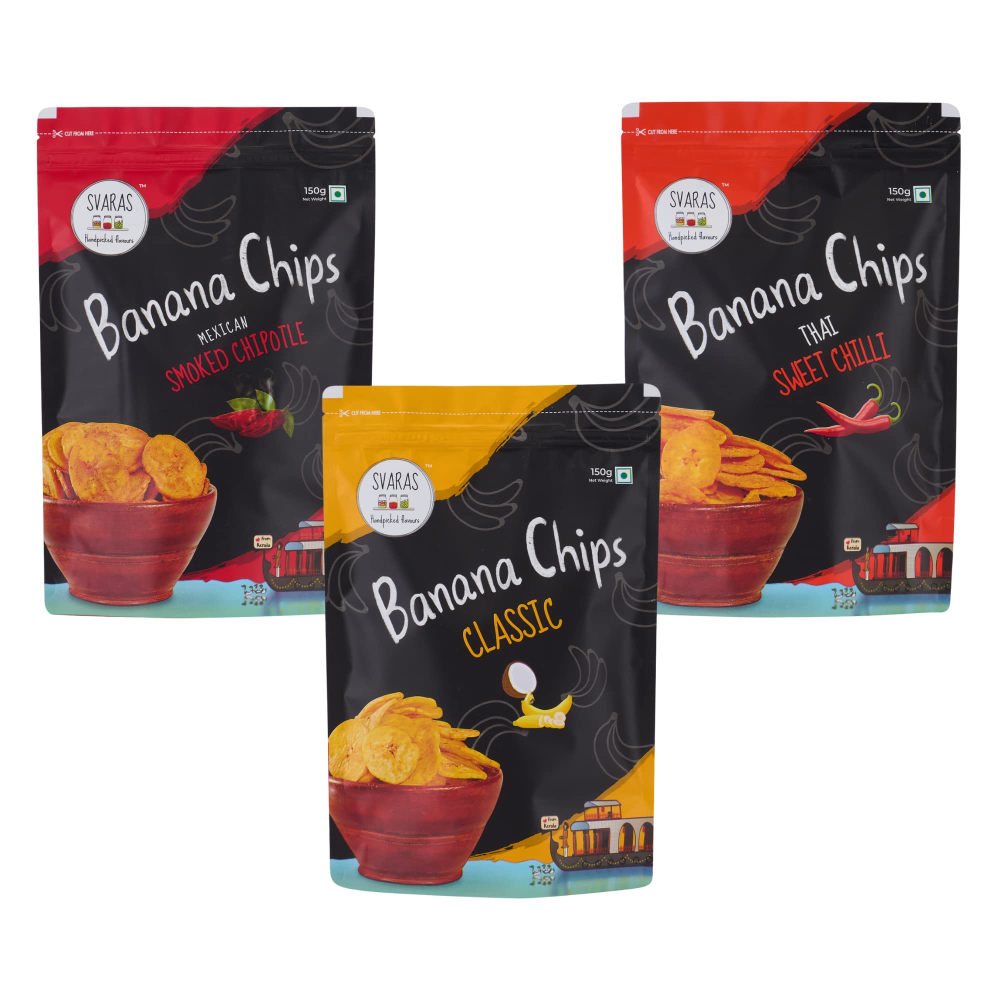 Svaras Kerala Banana Chips (Assorted flavours combo - Classic, Mexican Smoked Chipotle and Thai Sweet Chilli) | 150g pack of 3 | 100% authentic made in fresh coconut oil