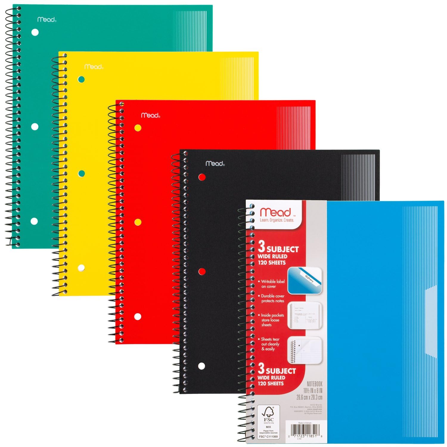 Mead Spiral Notebook, 5 Pack, 3 Subject, Wide Ruled Paper, Plastic Cover, 8" x 10-1/2", 120 Sheets per Notebook, Black, Red, Blue, Green and Yellow (