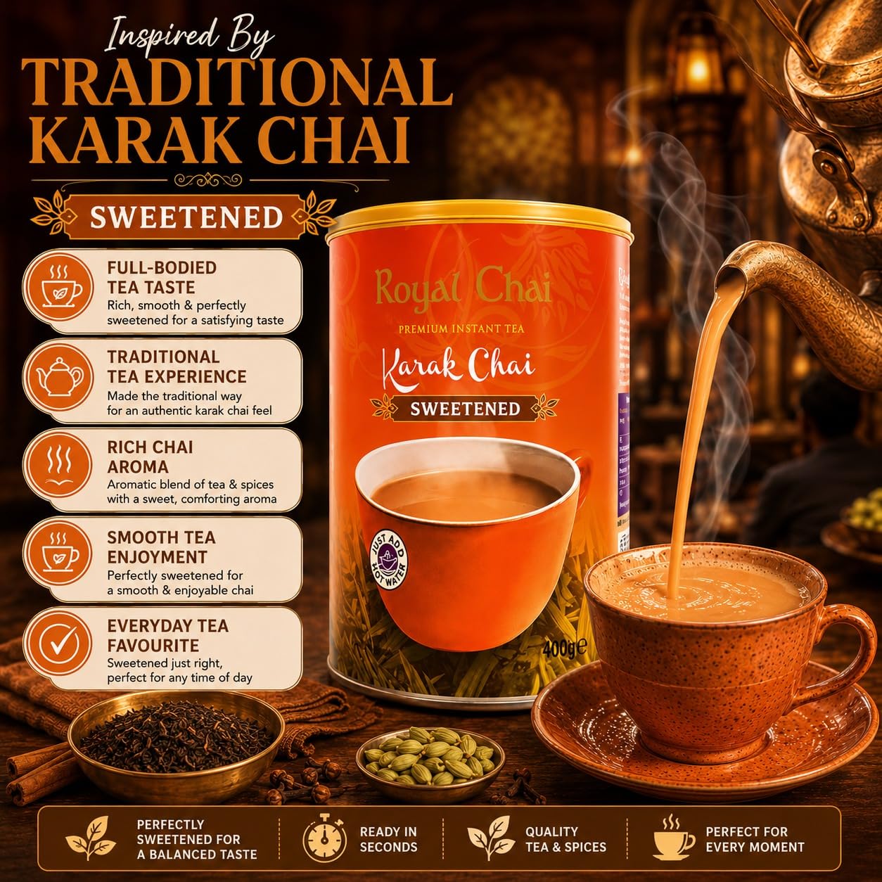 Royal Chai Karak Chai gesüßte Dose 400g (6 Stück) - Premium Instanttee - Karak Tee - Natur - Instant Kark Indianer Tee