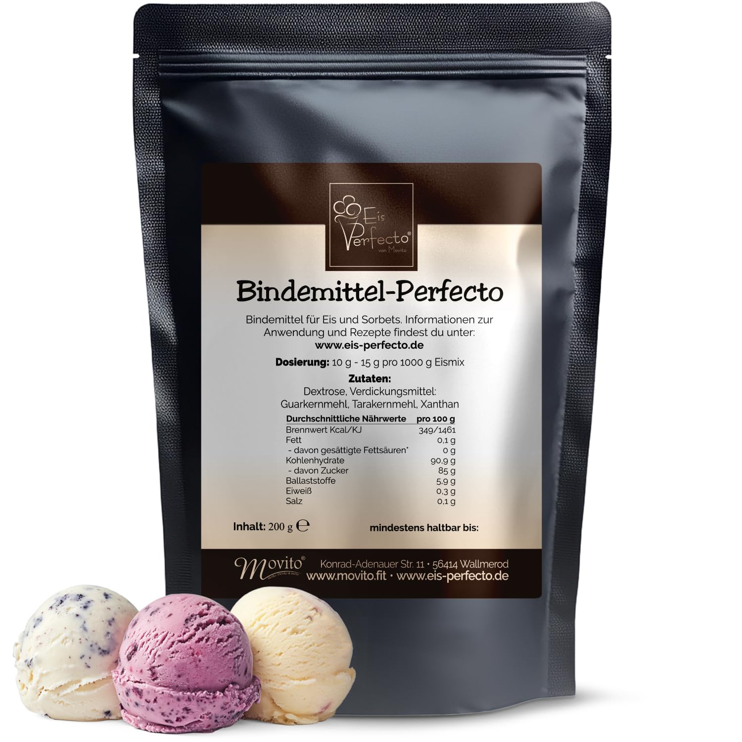 Eis Bindemittel – Ohne Zusatzstoffe oder Chemie │ Vegan & glutenfrei │ Mit Guarkernmehl für Eis - & Johannisbrotkernmehl │ 200 g für bis zu 20 L │Bindemittel Perfecto