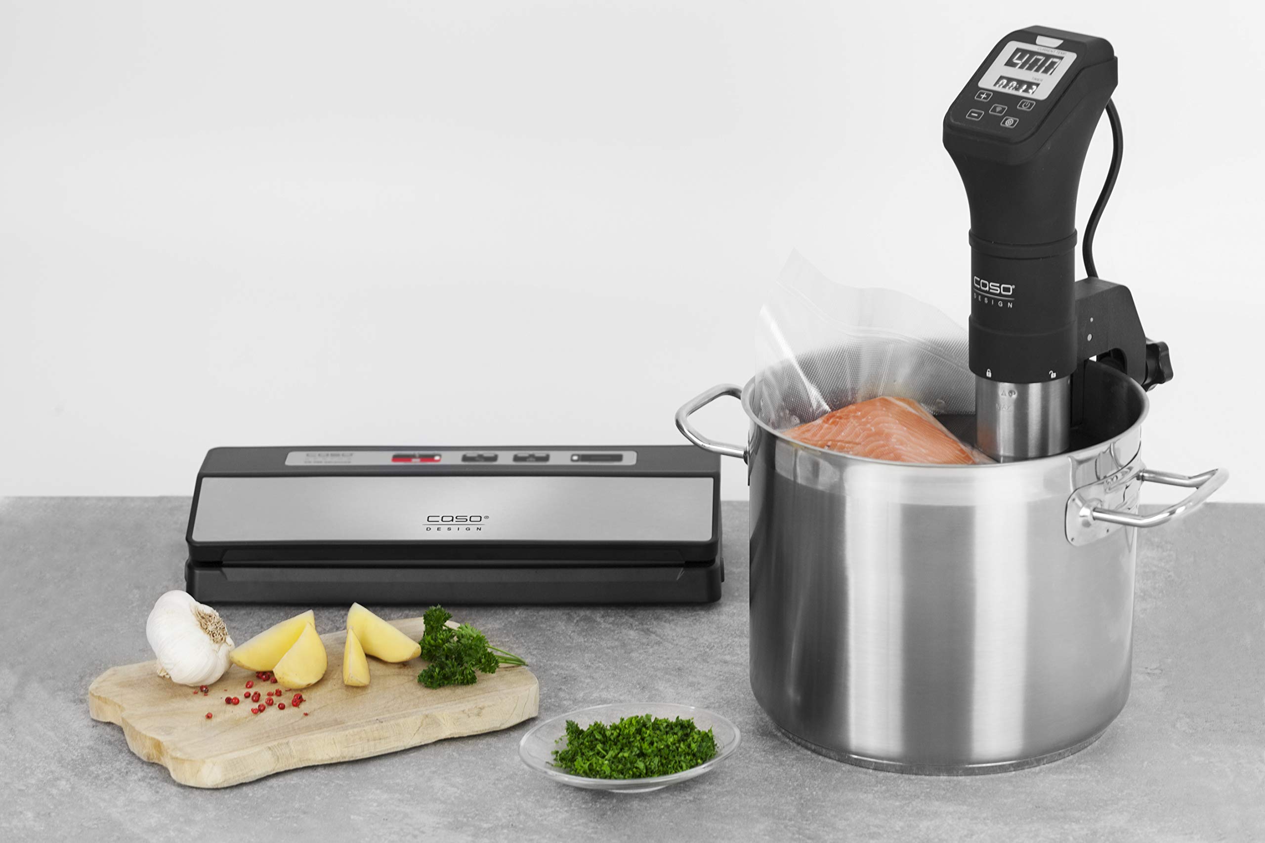CASO 1522 VR 390 Advanced VR 390 - Envasadora al vacío, hasta 75 procesos de envasado al vacío sin parar, fuerza de vacío regulable, cámara de vacío extraíble, frontal de acero inoxidable, incluye 10