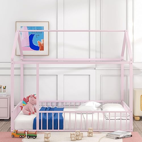 HZANHY Cama de casa individual para niños, cama Montessori con rieles, marco de cama de metal para niños y niñas, cama de juegos con techo, cama