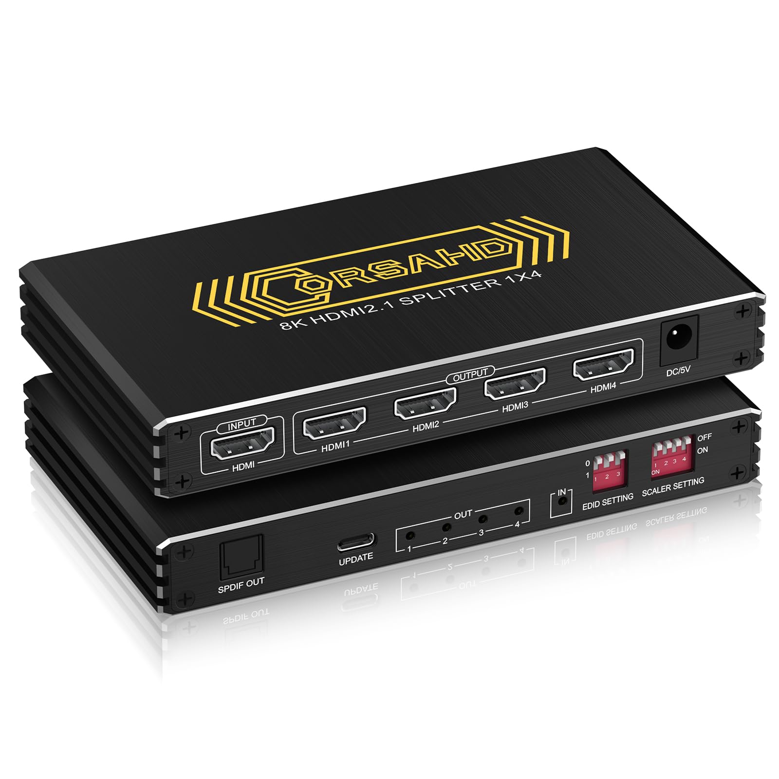 CORSAHD 8K@60Hz 4K@120Hz HDMI2.1 Splitter 1 in 4 Out with Audio Extractor,HDCP2.3,Supports SPDIF 5.1Ch,VRR,ALLM,HDCP Bypass,EDID,Duplicate,Downscale,HDR,Dolby Vision Atmos,Soundbar,Capture Card