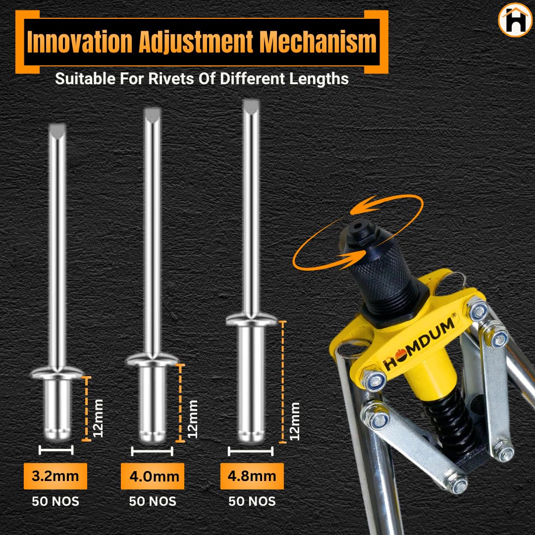 Homdum 17 Inch Heavy Duty Double Handle Rivet Gun With Pop Rivets, Hand Pull Riveter Nail Gun with 60 Nos Blind Rivet and Gloves (Yellow/Orange) 2