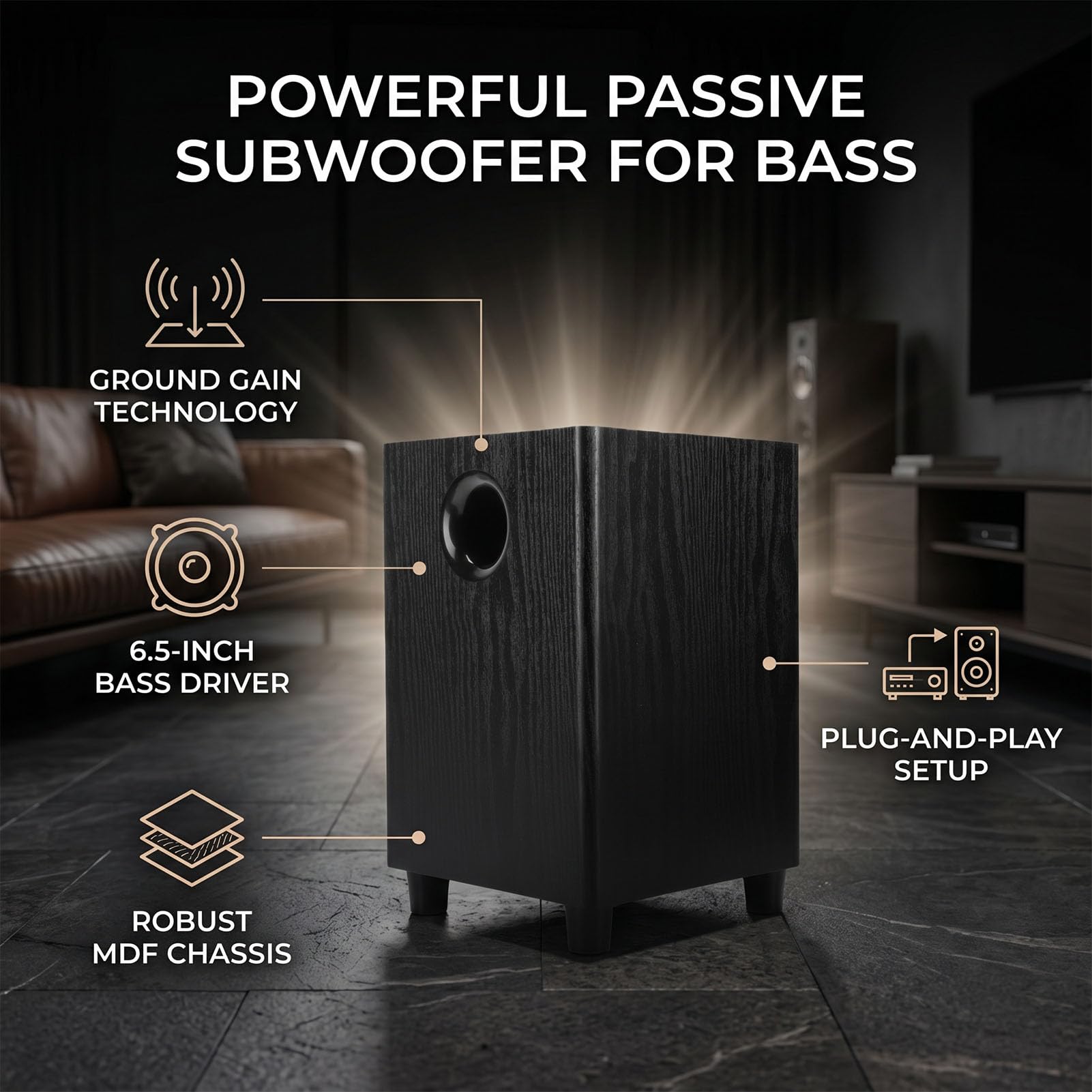 Asixxsix Subwoofer Passivo da 6,5 ​​pollici, Suono Potente, Bassi Pesanti, Potenza 100 W, Cabinet in MDF, Base Rialzata, Altoparlante Passivo per Audio da Studio Home Theater, Feste