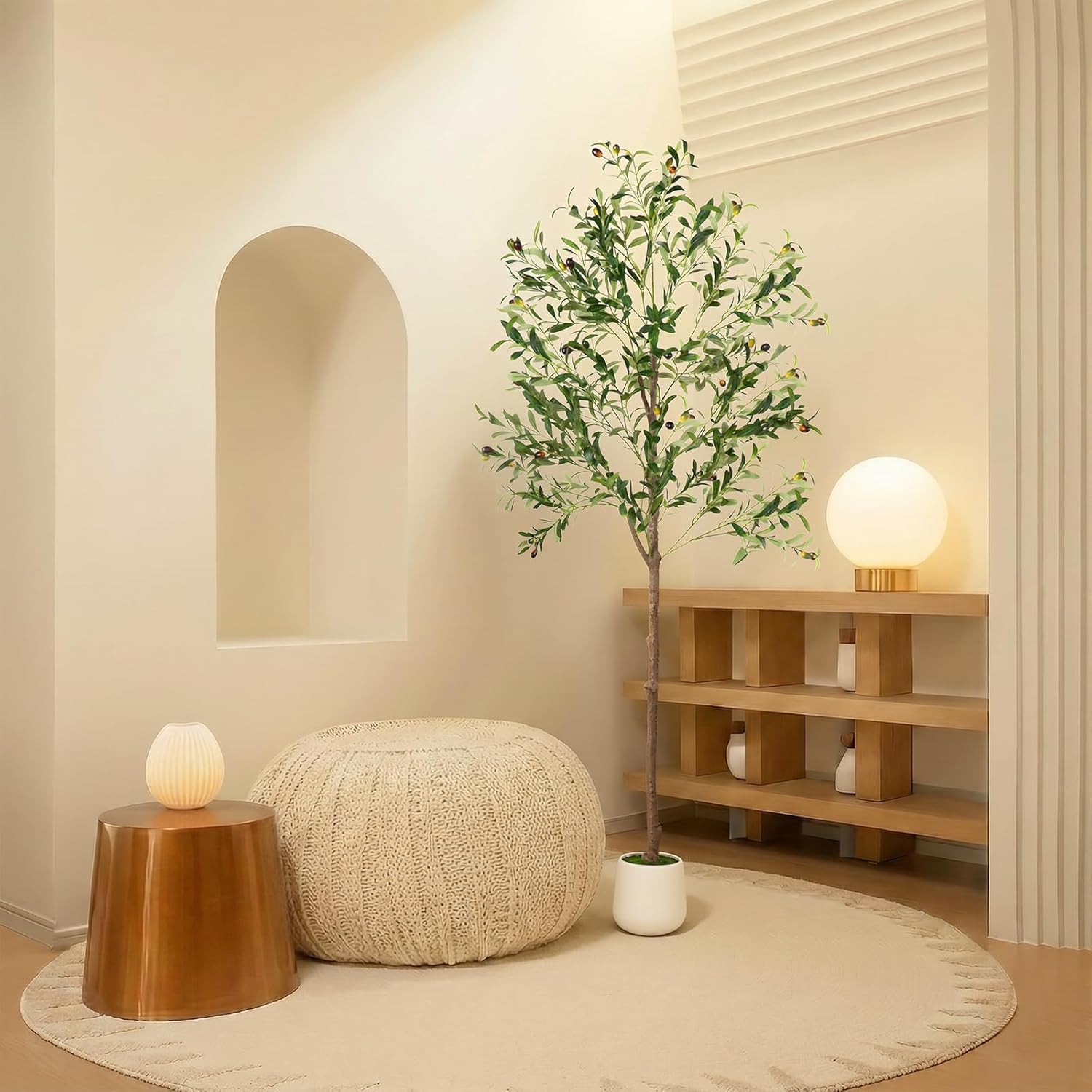 Olive Tree, 6FT Tall Faux Olive Tree with Moss and Planter, Olive Trees Artificial Indoor with Realistic Wood Trunk and Lifelike Fruits, Fake Tree for Home Office Living Room Decor