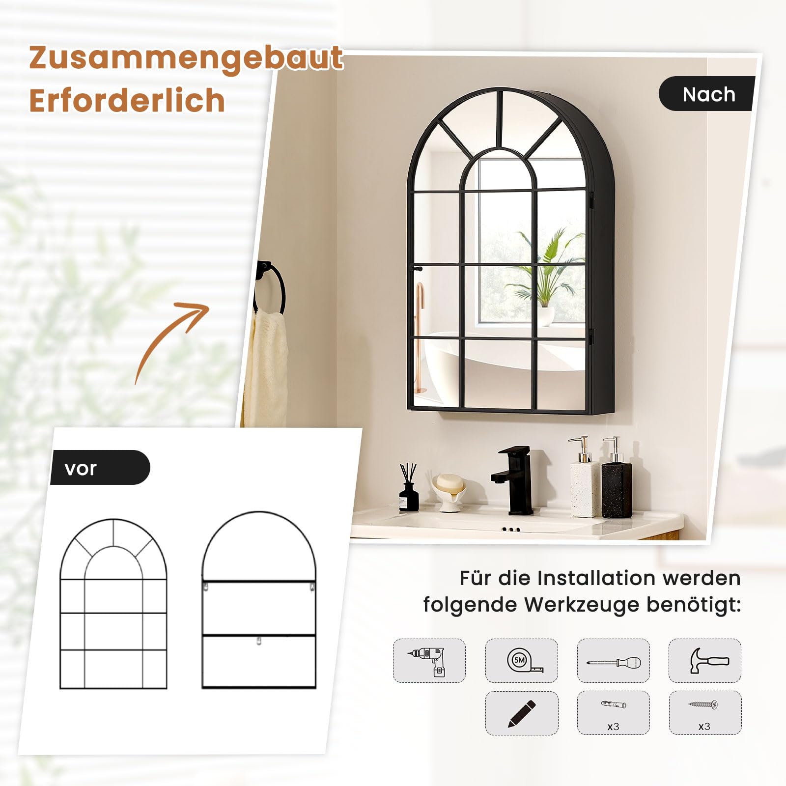 CLIPOP Spiegelschrank 1 Tür, 50×80 cm, schwarzer Rahmen, 2 Ablagen