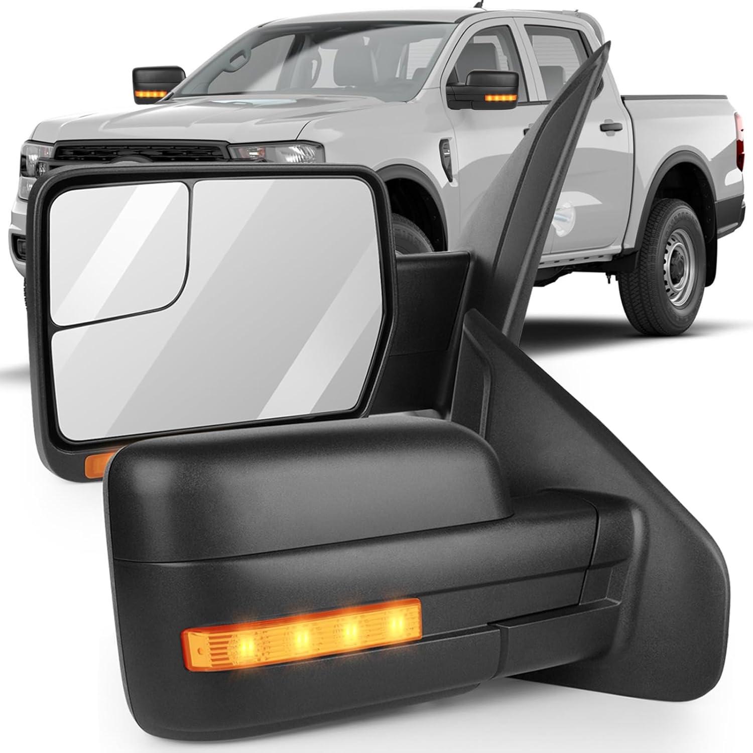 OCPTY Tow Mirrors Power Heated Left Driver Right Passenger Side Towing Mirrors Fit For 2004-2014 For Ford For F-150 Pickup Truck With Puddle Light Turn Signal Light Flat Convex Glass Black Housing