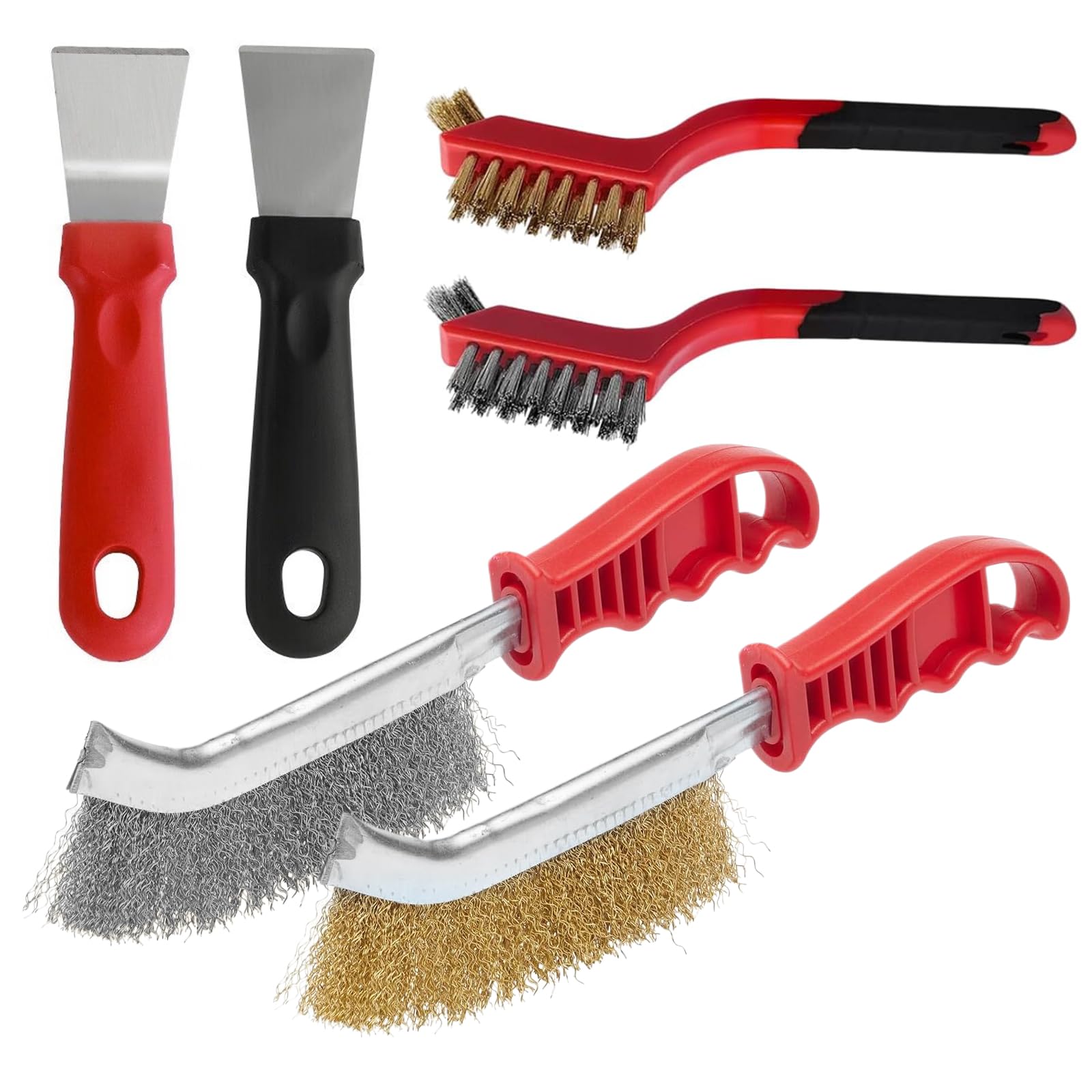 6 Pcs Wire Brushes Set, Stainless Steel Brush and Brass Brush, Hand Wire Brushes sets for Cleaning Rust, Paint and Welding Slag (2 Big, 2 Small with 2 small shovel)