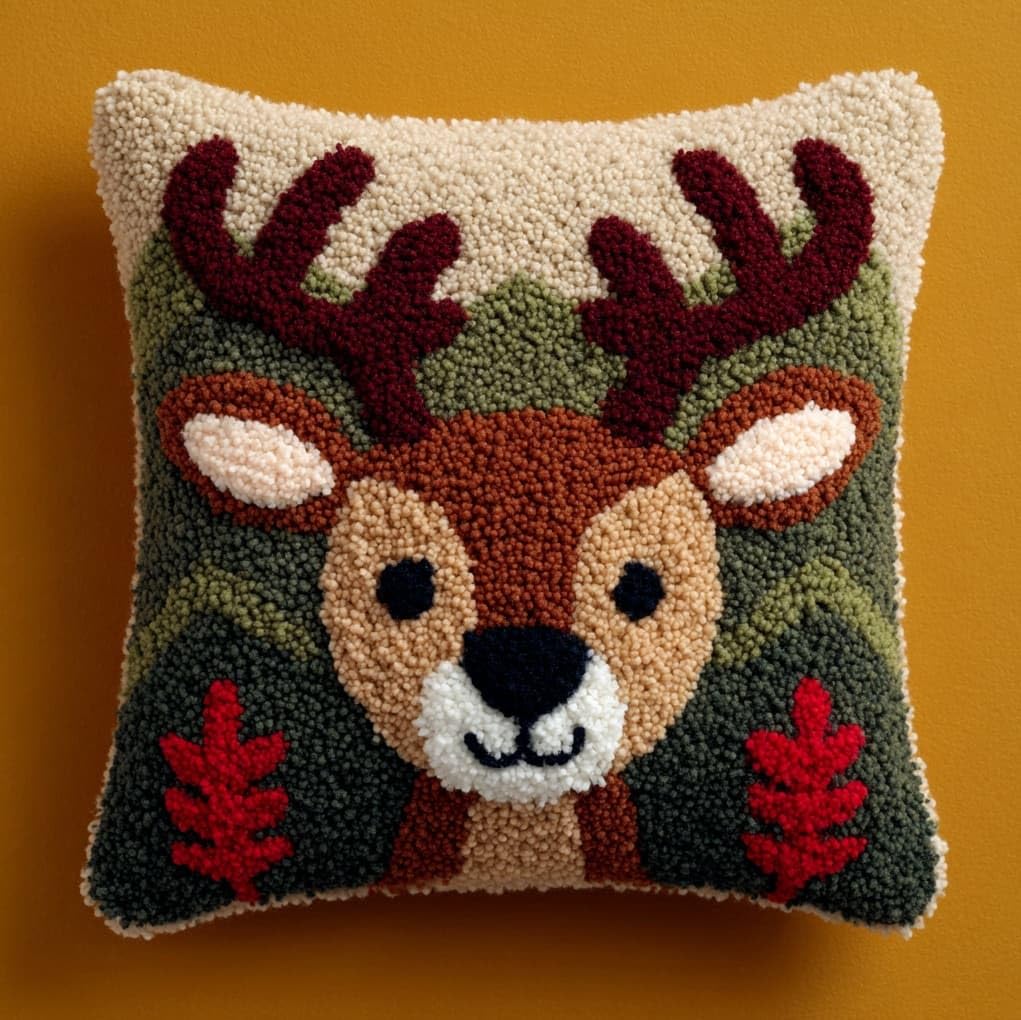WallustrioaW DIY Latch Hook Kits for Adults,Cartoon Deer,Pillow Cover Kit Needlework Cushion Cover Hand Craft Crochet for Home Sofa Decorations,17x17in