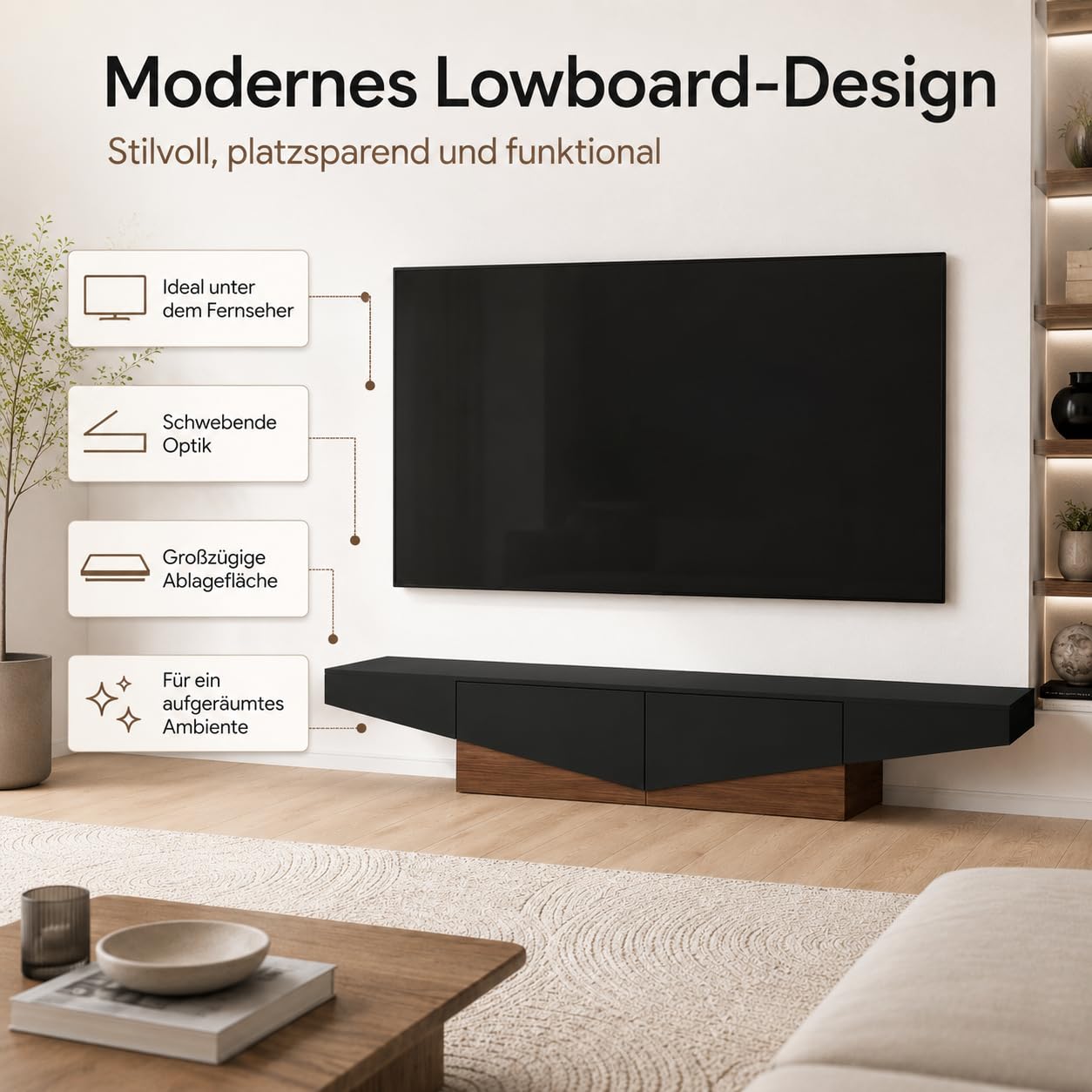 Caldion Modernes TV-Lowboard TV-Schrank mit 2 Schubladen Fernsehtisch mit Tischplatte Fernsehschrank TV-Ständer für Wohnzimmer Schlafzimmer MDF Braun und schwarz 200x40x30cm