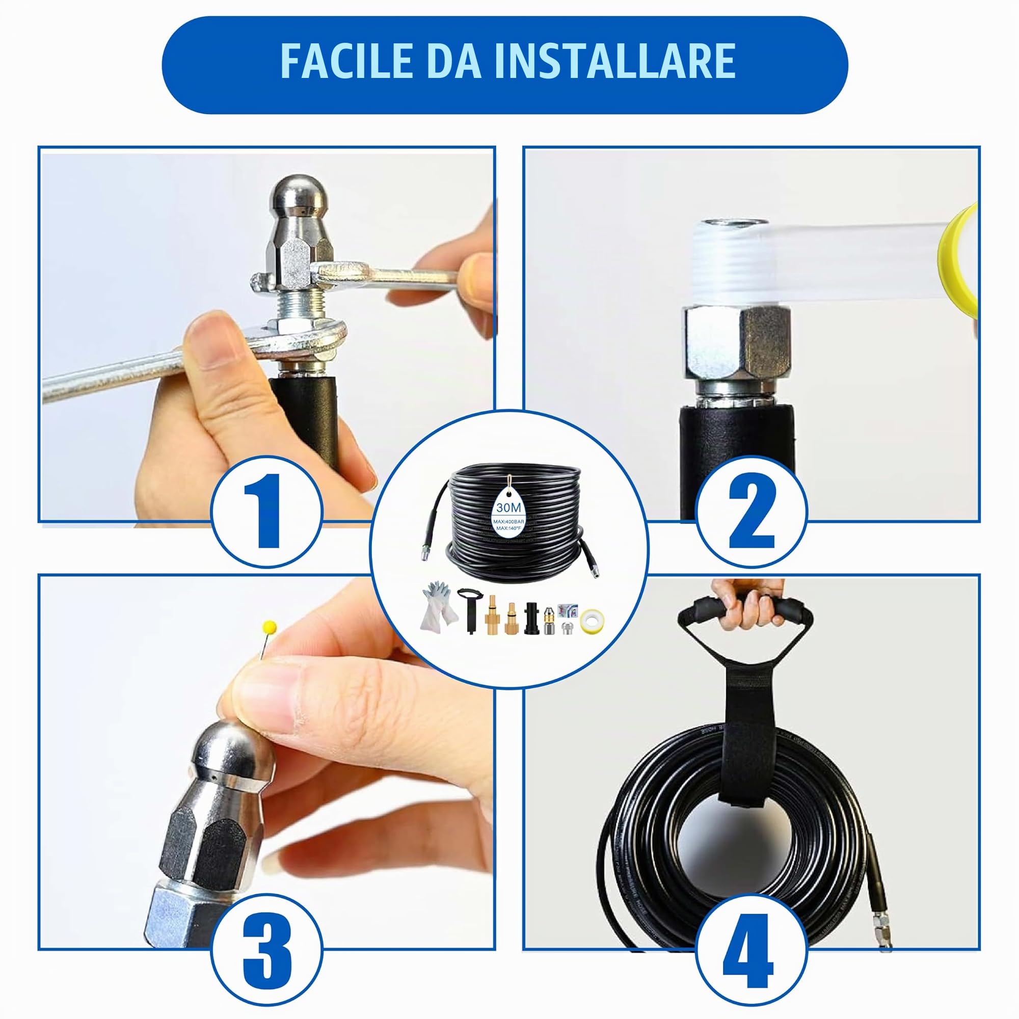 Tubo di pulizia ad alta pressione 30m, 5800 PSI/400 bar,Set Premium per la pulizia di tubi con adattatore e bocchetti e guanti, compatibile con Kärcher K2-K7 & Lavor & Bosch