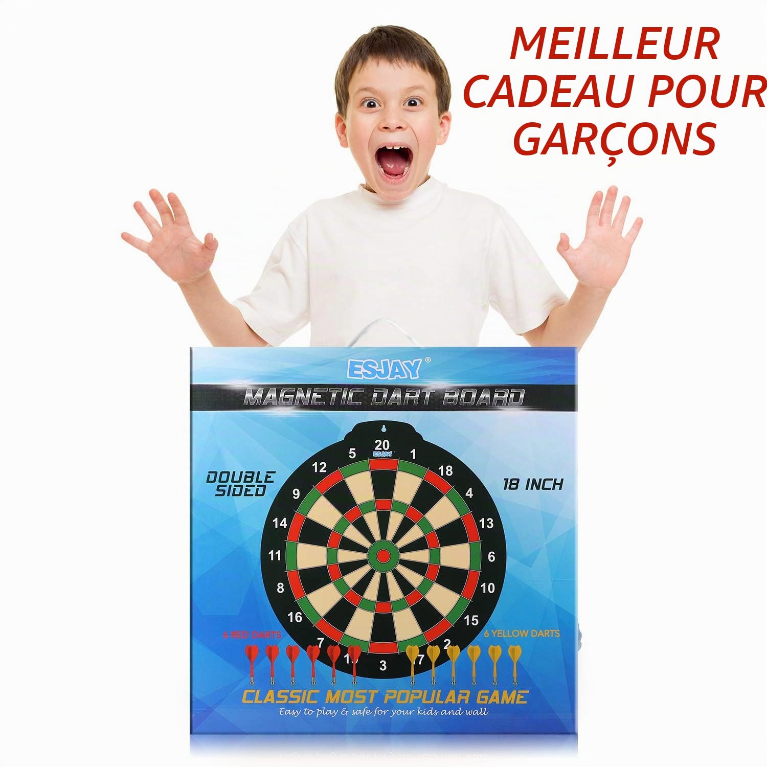Esjay Jeu de fléchettes magnétiques Sûr pour Les Enfants de 8+ Ans Cadeau pour Les garçons Jeu d'intérieur et d'extérieur avec 12 fléchettes Fléchettes de Grande Taille de 45,7 cm à Double Face