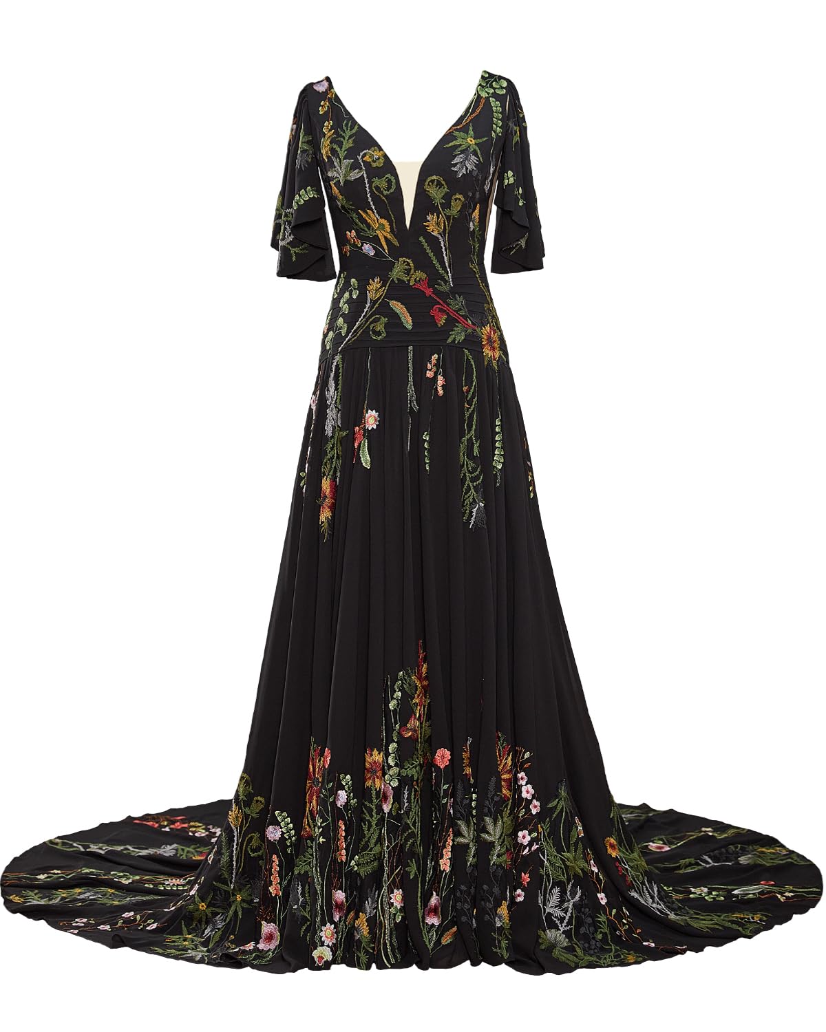 Floral Embroidered Wedding Dresses for Bride Women 2025 Long Chiffon Short Sleeve V Neck A Line Bridal Gown