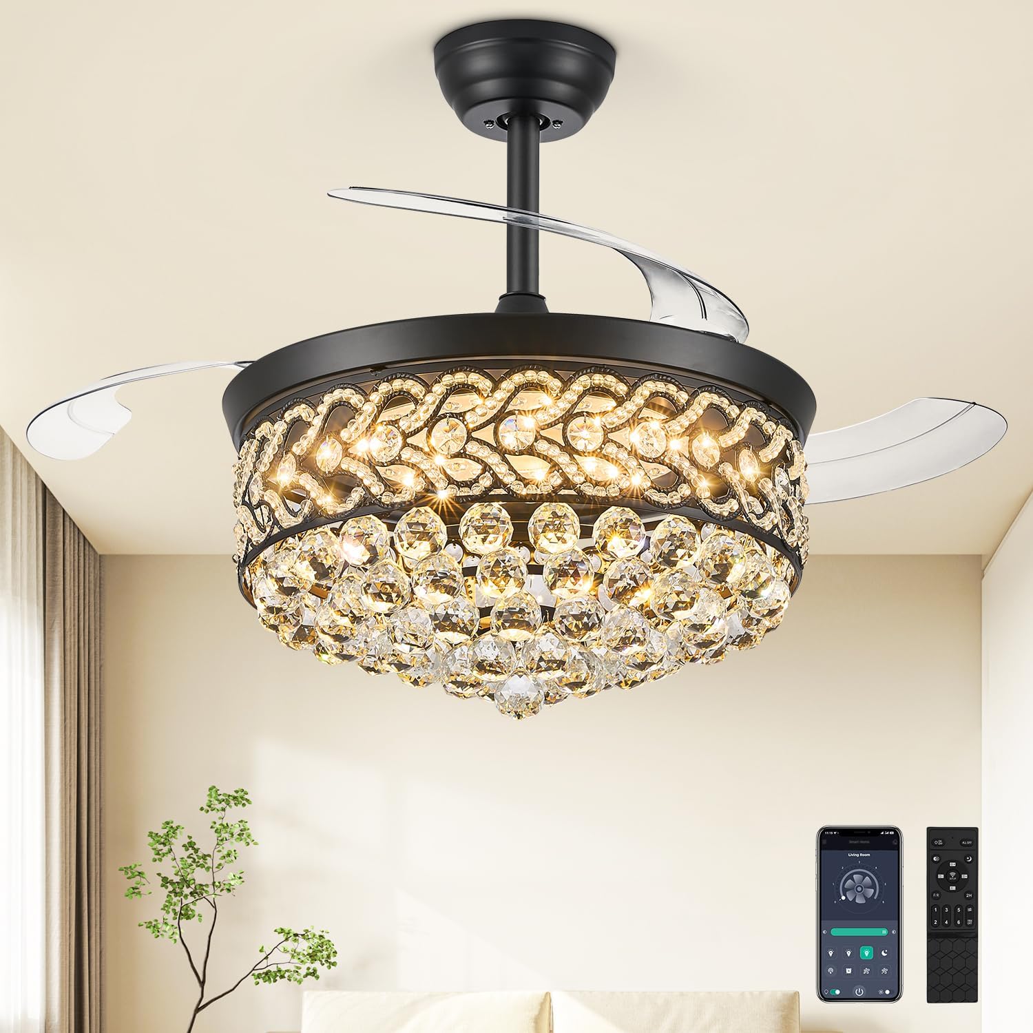 Crystal Fandelier Ceiling Fan with Light, 42" Retractable Ceiling Fans Chandelier Fan with Retractable Blades LED Dimmable Crystal Ceiling Fan Chandelier Fans for Bedroom Living Room etc-Black Black 42 inch
