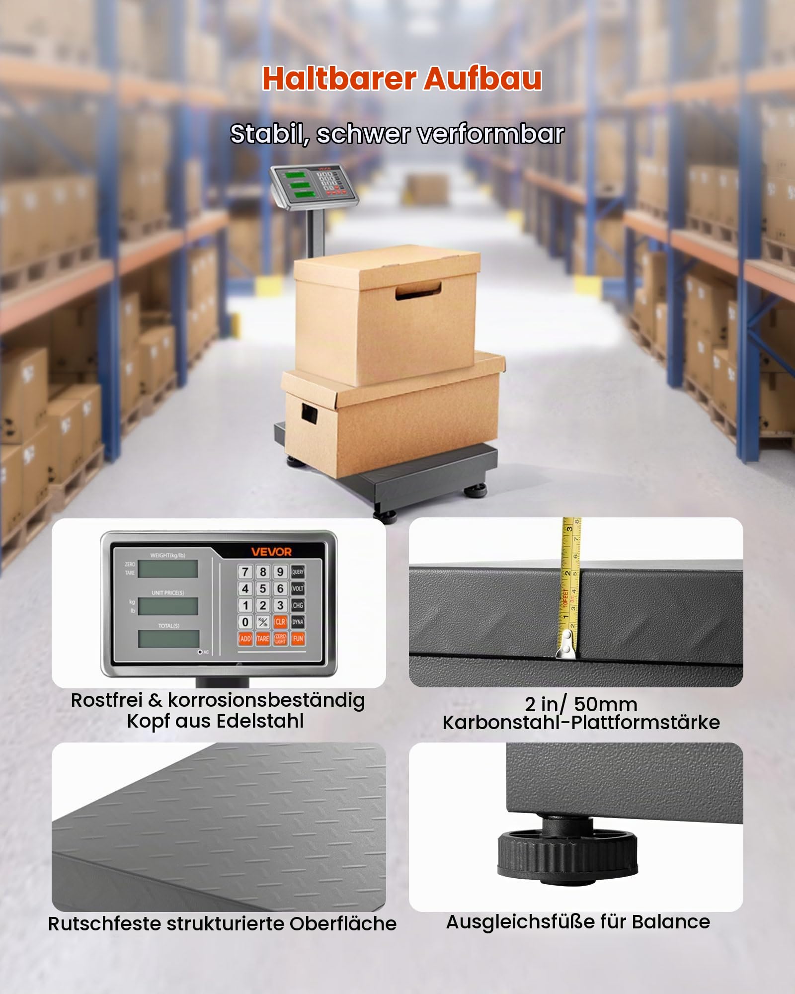 VEVOR Digitale Plattformwaage, 300 kg Tragkraft, 50 g hohe Genauigkeit, elektronische Bodenwaage mit LB/KG, Tara, Preisrechner, AC/DC-Stromversorgung, geeignet für Gepäck, Versand, Pakete, Porto