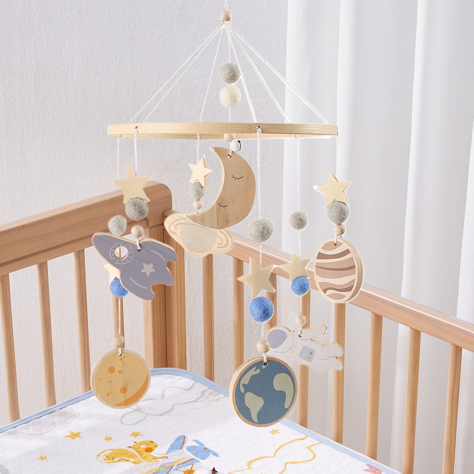 Mobile per culla in legno, design girevole a 360°, rilassante, con del | Mobile da appendere in legno per culla per camera dei bambini, biancheria da letto, gioco, sonno, viaggio e notte