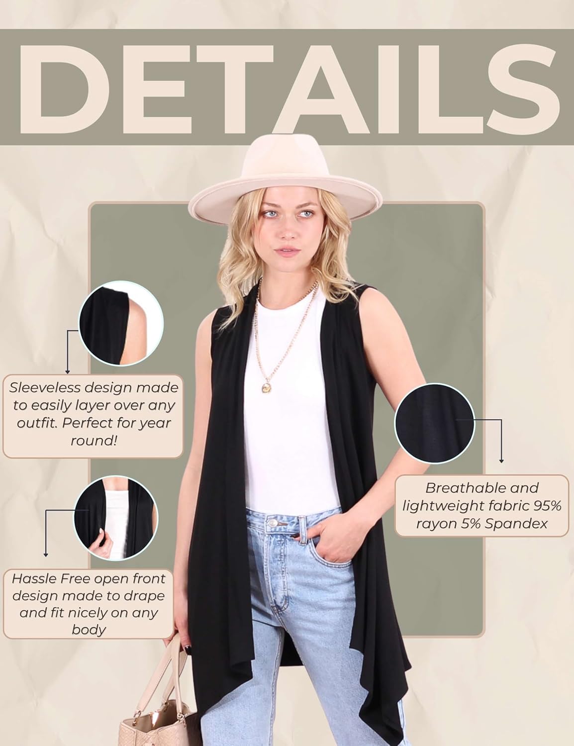 Popana Long Sleeveless Cardigan for Women – Draped Open Front, Asymmetric Hem Long Sweater Vest - Image 6