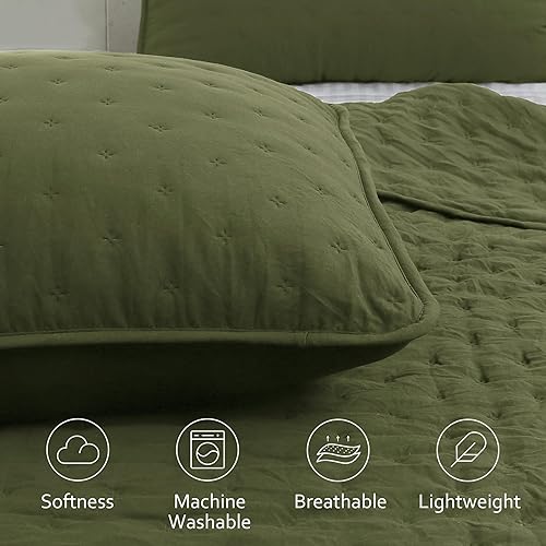 Miniatura 4 de ROARINGWILD Juego de ropa de cama de tamaño Queen con nubes de color verde oliva con fundas de almohada, colcha ligera y suave, edredón fino rústico