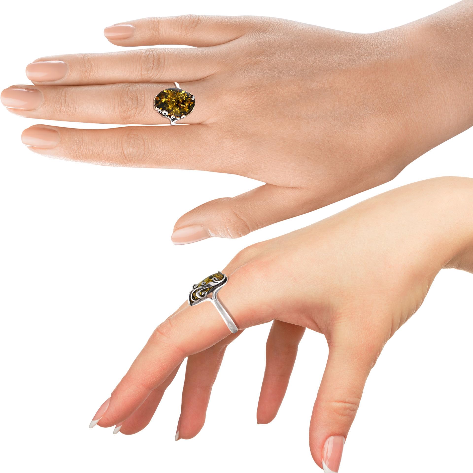 Bague en argent sterling et ambre vert baltique "Dana" - taille 7,5