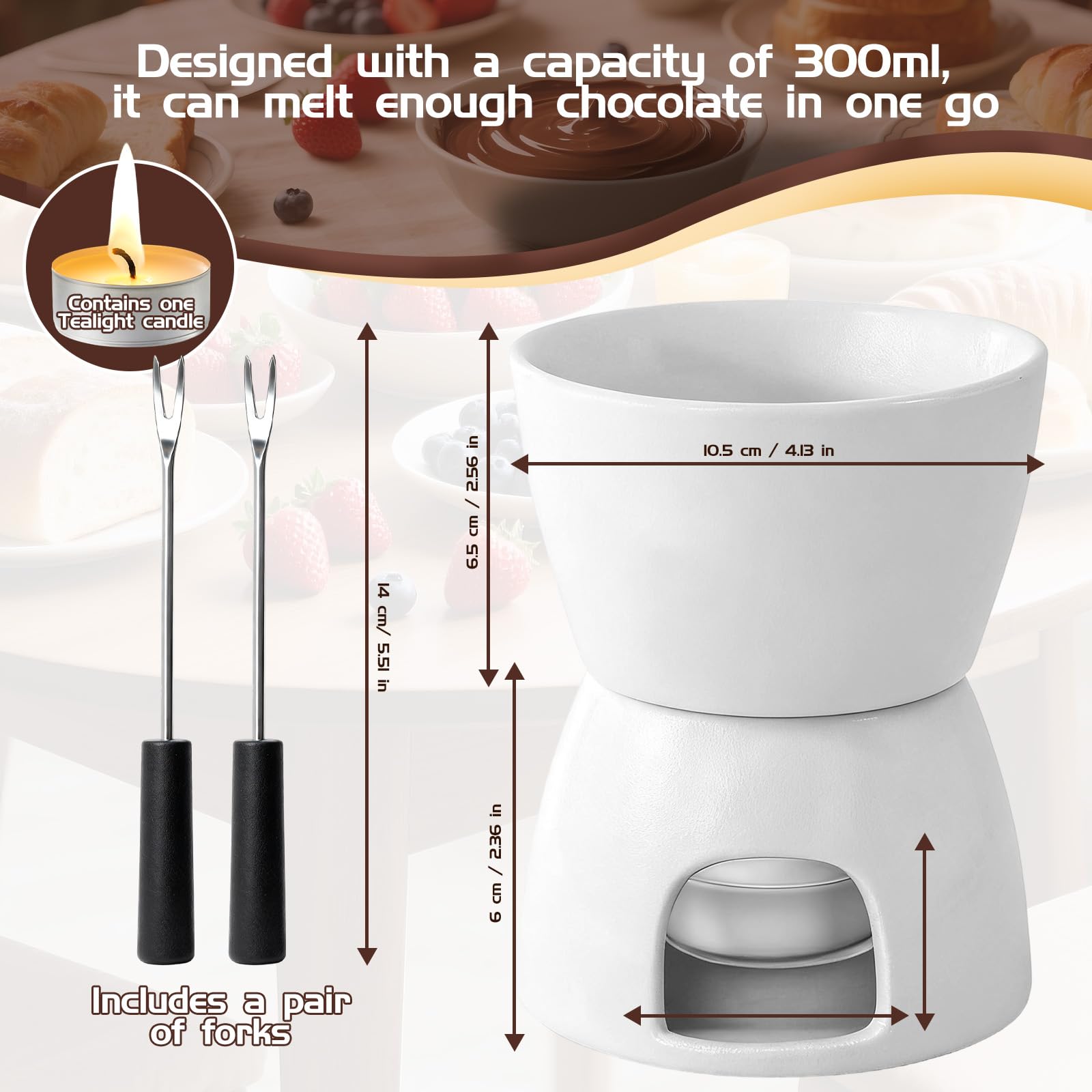 Set à Fondue Au Chocolat,Service à Fondue en Céramique Compatible Lave-Vaisselle,Comprend 2 Fourchettes et Un Petit Chandelier,Convient pour Les Repas en Famille, Fromage, Chocolat