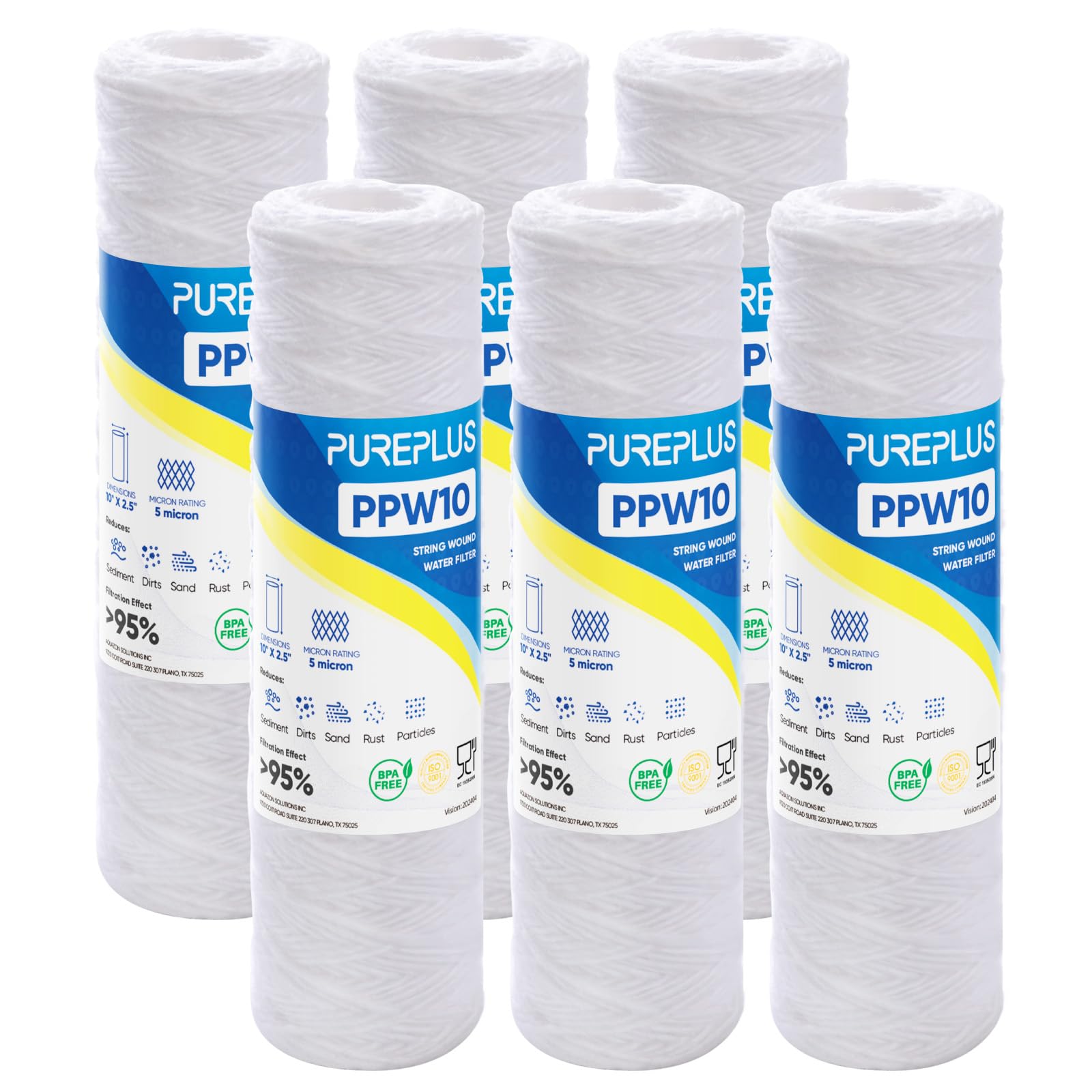 PUREPLUS Filtro per sedimenti da 5 micron, 25,4 x 6,3 cm, per acqua di pozzo, cartuccia di ricambio per sistema universale RO da 25,4 cm, WP-5, Aqua-Pure AP110, CFS110, Culligan P5, WFPFC4002