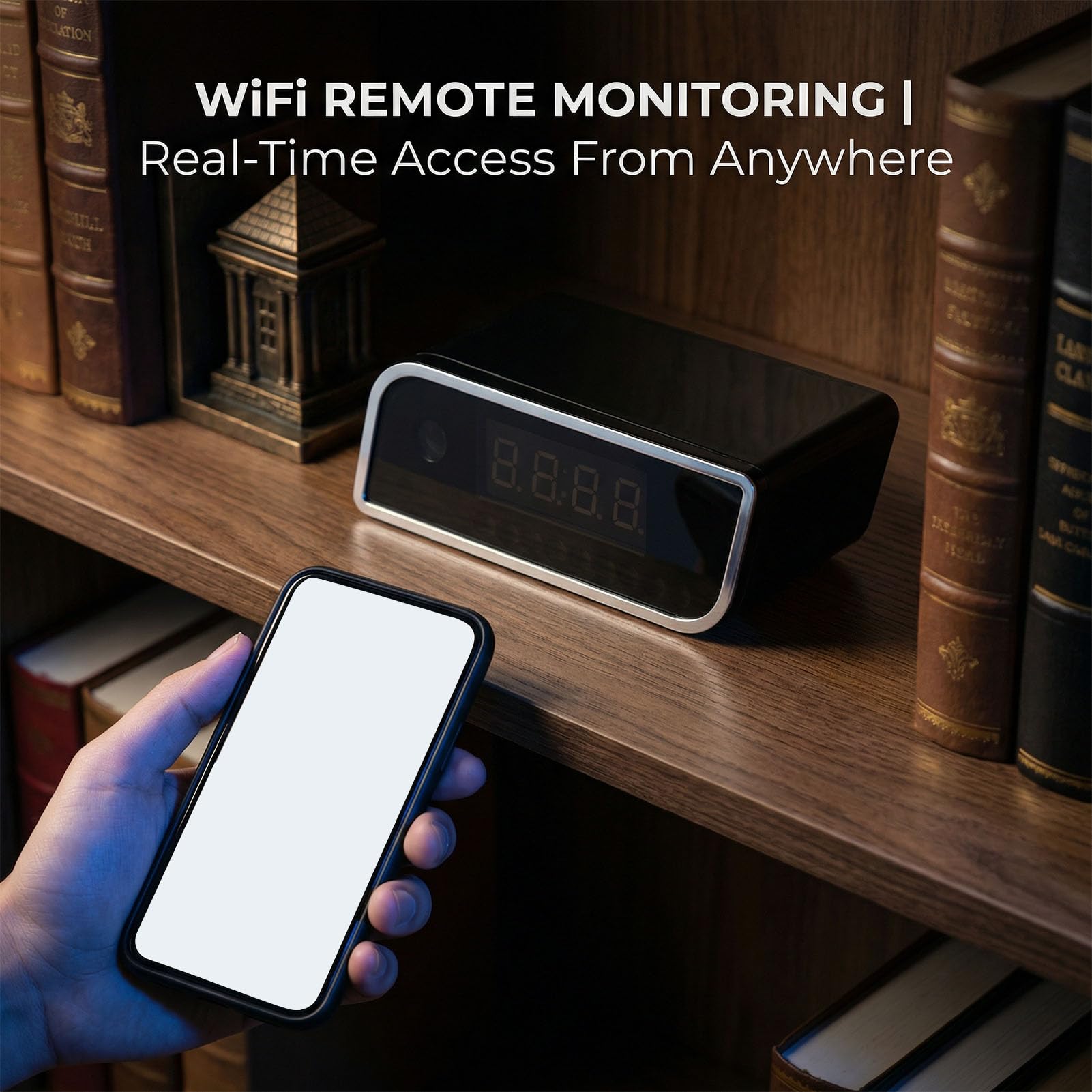 Tosuny Caméra D'horloge Intelligente, Caméra de sécurité WiFi 1080P avec Réveil, Vision Nocturne, Détection de Mouvement et Alerte, WiFi 2,4 G, Vue en Temps Réel, Objectif Grand Angle