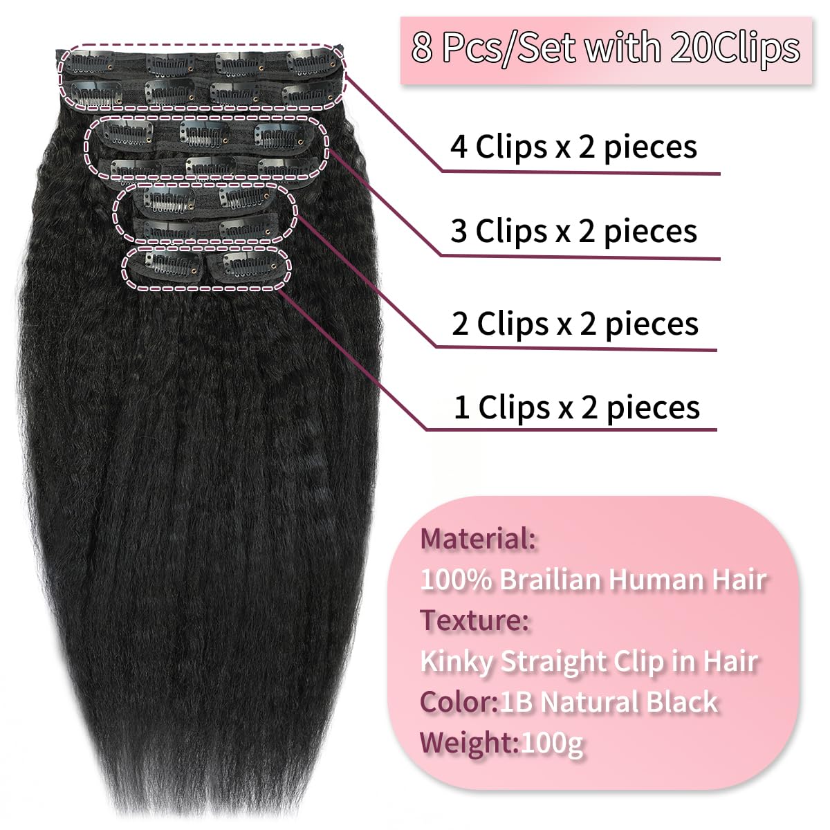 18 Inch Kinky Straight Clip in Hair Extensions Real Human Hair Yaki Straight Clip ins Full Head Brazilian Remy Human Hair Clip in Extensions for Black Women Natural Black 8Pcs 100g 20 Clips - Image 4