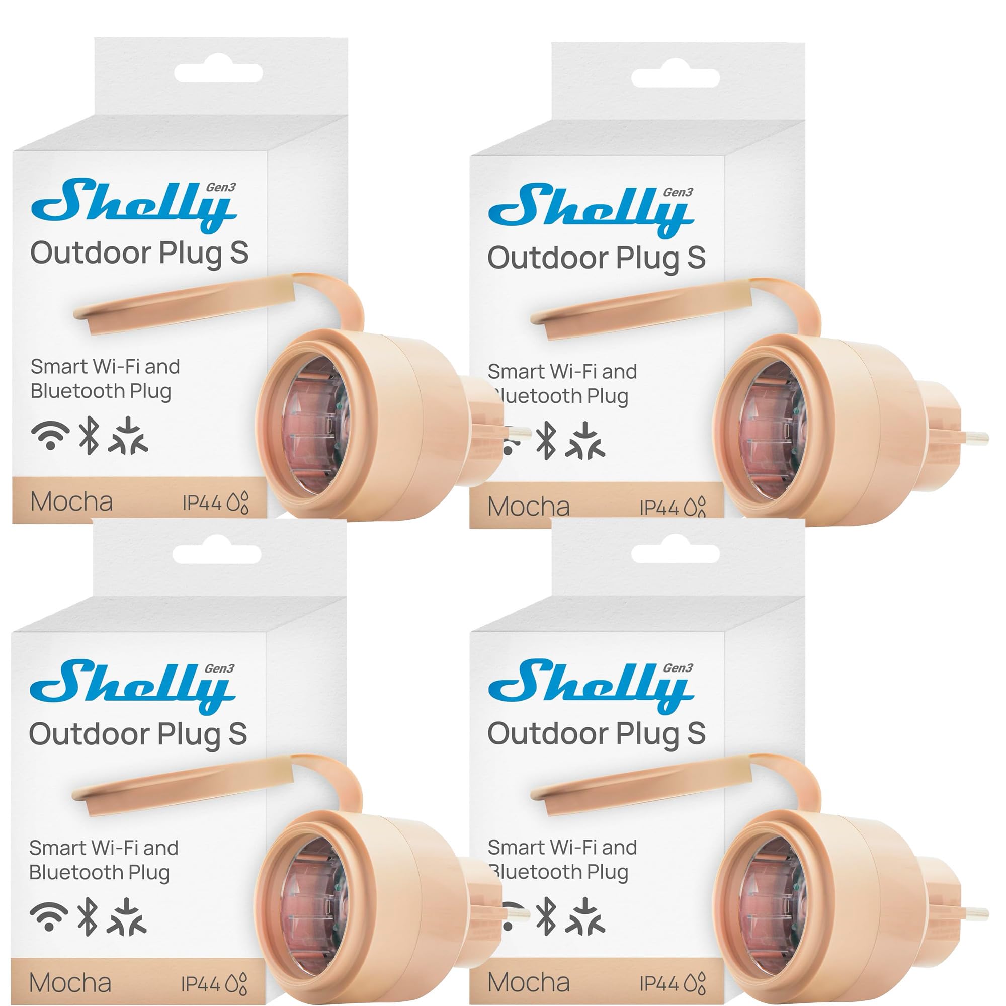 Shelly Shelly Outdoor Plug S Gen3 Viererpack, WLAN Smarte Steckdose für den Außenbereich, IP44, Matter-Zertifiziert, 12A, 2500W, Außenbeleuchtung, Leistungsmessung, Außenautomatisierung, Alexa, Google
